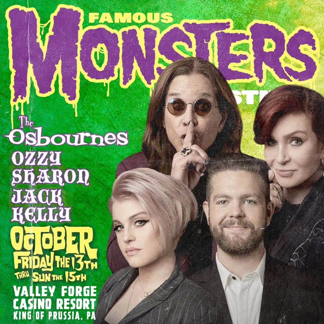 コリィ・テイラーのインスタグラム：「Meet The Osbournes at Famous Monsters Fest Oct 13-15! Join Ozzy, Sharon, Jack and Kelly in celebrating 65 years of FM!  Valley Forge Casino Resort King of Prussia, PA  Visit famousmonstersfest.com for more info!」
