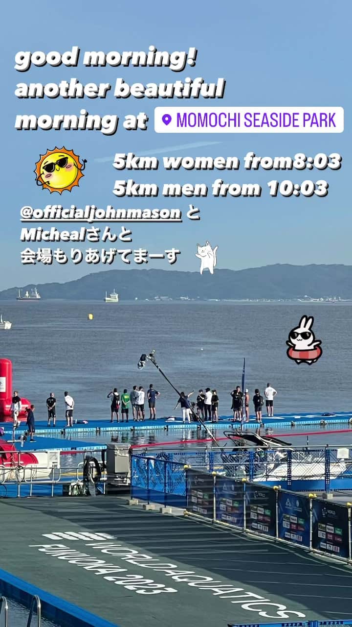 クリステル・チアリのインスタグラム：「good morning!!! great weather great smiles out here at momochi beach! Open water day3! 笑顔で😀アナウンス中！ 今日も実況とインタビューしてまーす！ CS朝日で放送あるので見てね！」