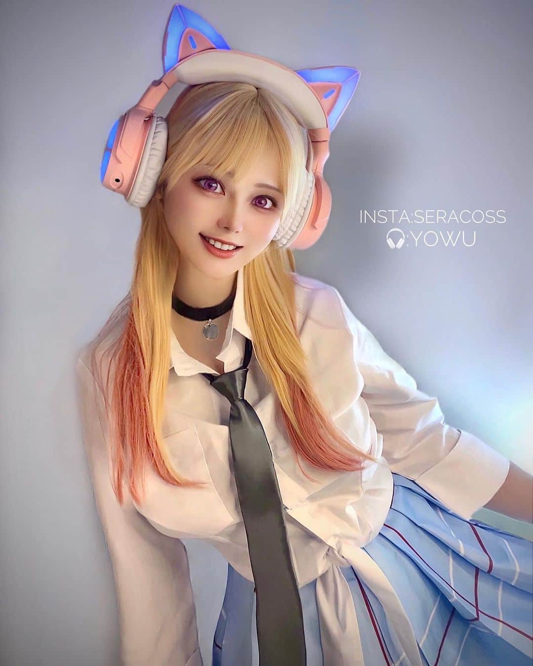 せら☆こすのインスタグラム：「I received a cute headset again  this time🥰😍OMG😍💜💙@yowu.chan arigatou gozaimasu😍🌸 kawaiiii💜💜🎧 sound quality is really good😍💜💙  . . . . . . 前回リゼロのヘッドセットをいただいて、 また今回もかわいい猫耳ヘッドセットをいただきました😍🎧かわいい❤️  コスプレは喜多川海夢を久々にしてみました😇 #marinkitagawa #marinkitagawacosplay #kitagawamarin #kitagawamarincosplay  #yowu #yowustyle #yowuheadphones #yowuart #yowuchan #animecosplay #cuteheadphones #nekomimiheadphones #kawaiiheadphones  #animegirl #animecosplaygirl #animecosplay #animelover #catearheadphones」