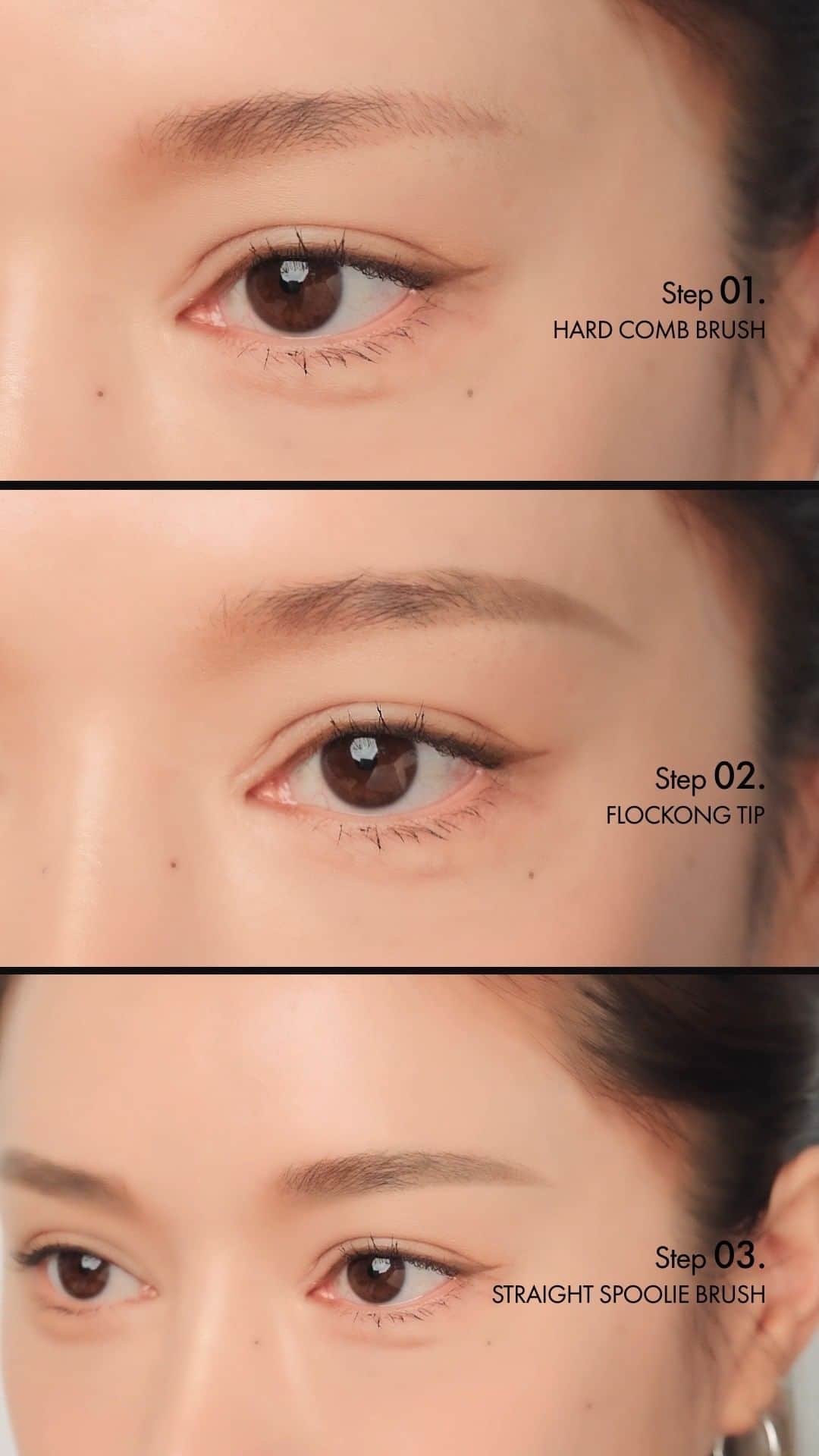 Official STYLENANDAのインスタグラム：「Natural eyebrow makeup HOW TO  with 3CE ALL OUNDER BROW 💗  ❣️ 1 하드 콤 브러쉬로 눈썹 결을 빗어주세요. ❣️ 2 플랫 플로킹 팁으로 내용물을 도포해 주세요. ❣️ 3 스트레이트 스플리 브러쉬로 뭉친 부분을 풀어주며 자연스럽게 쉐이핑하며 마무리!  #3CE #3CESTYLENANDA #3CEEYEBROW #EYEBROW #3CEALLROUNDERBOW」