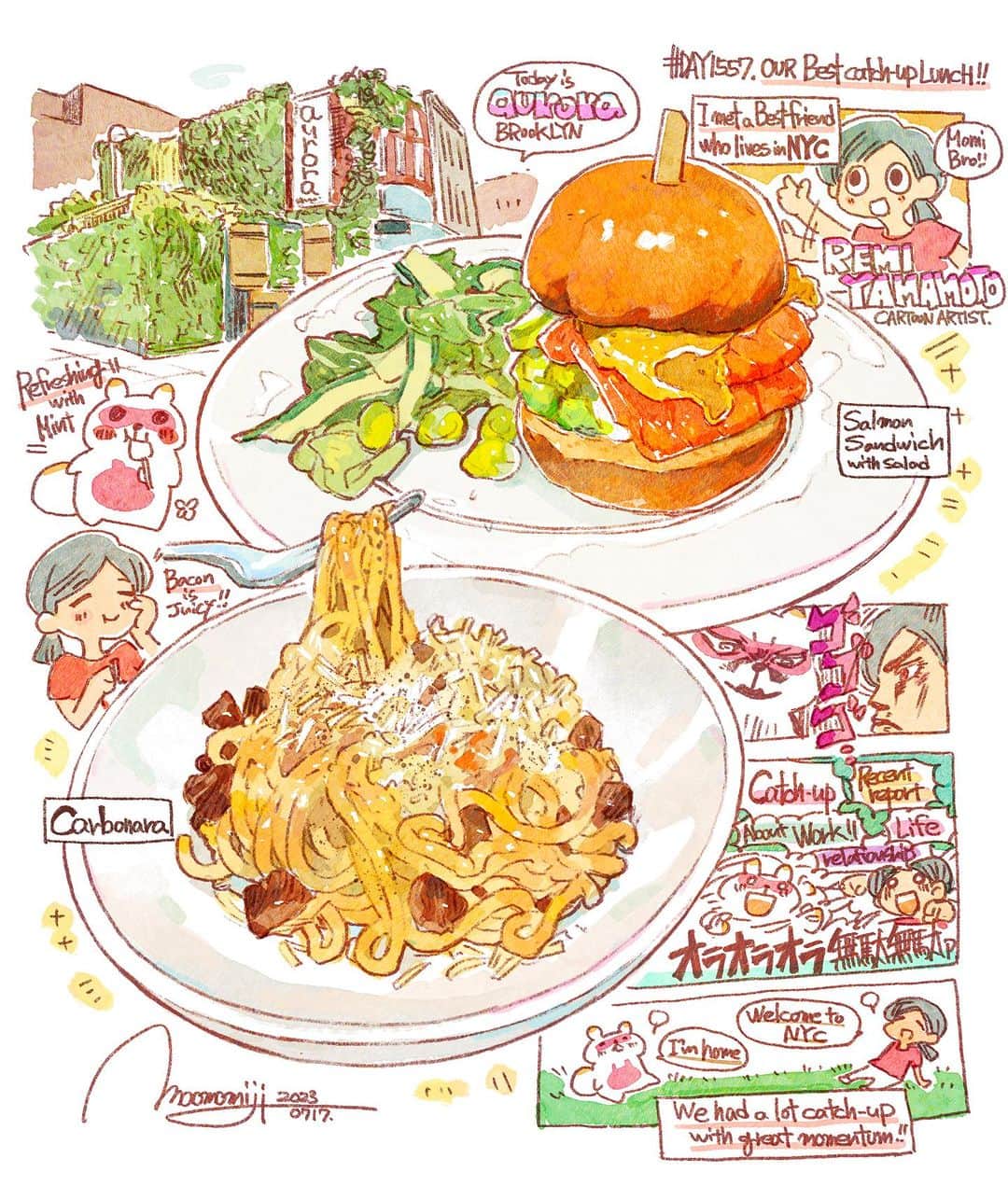 のインスタグラム：「『#DAY1557/「OUR BEST CATCH UP LUNCH」』  もみじ真魚/MaoMomiji 2023年7月17日 22:36  'It's been a long time since I've had a good friend to talk to, and there's plenty to talk about!'  I met Remi, aka Remi Yamamoto, a manga artist living in New York City! We met last year and hit it off perfectly, and we occasionally talked on online calls, but talking in person is by far the most fun! We had a delicious Italian dinner at Remicchan's restaurant, which he recommended, and the time flew by!  「久しぶりのマブと話すことは大盛り盛りだくさん！」  ニューヨーク在住の漫画家ヤマモトレミさんこと、レミっちゃんに会ってきました！去年知り合ってバッチリ意気投合、時折オンライン通話で話してましたが、やっぱり直接話すのは圧倒的に楽しいー！れみっちゃんオススメの美味しいイタリアンと共にいただきました、時間があっという間に過ぎたなー。  #日刊ごはんが好き #foodie #foodieart #dailyilovefood  #毎日更新 #foodillustration #fooddrawing #もみじ真魚 #maomomiji #飯テロ #美食 #auroabrooklyn #brooklyn #remiyamamoto」