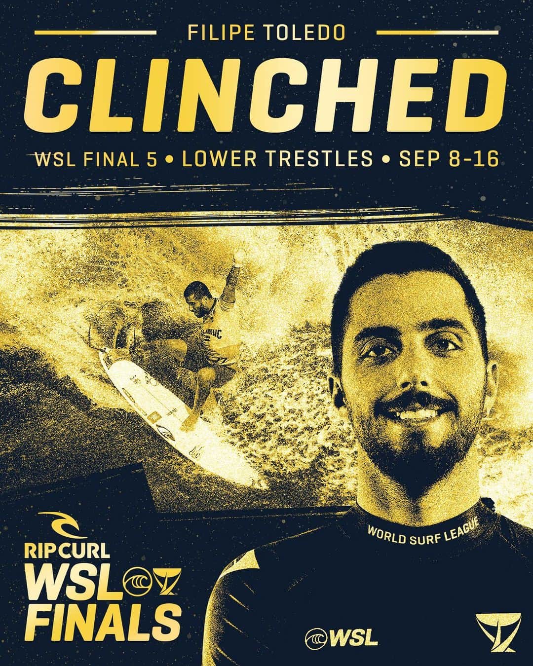 世界プロサーフィン連盟（WSL）のインスタグラム：「It’s official. @filipetoledo has clinched a spot in the #WSLFinal5. See you at Trestles for the #RipCurlWSLFinals! @ripcurl」