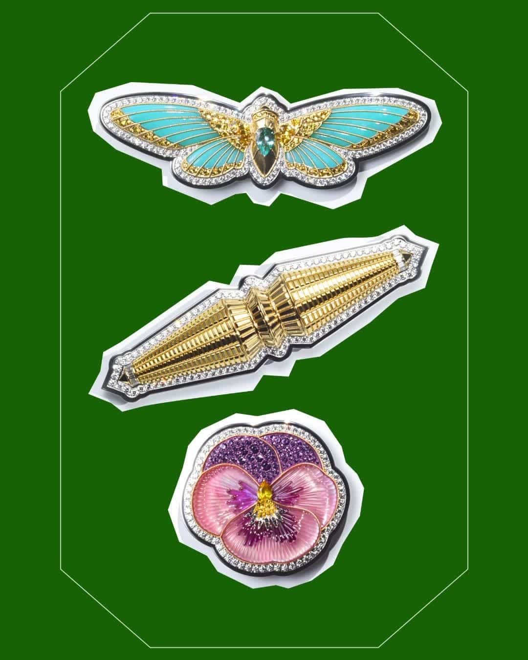 ブシュロンのインスタグラム：「Do not iron. Do not sew! Take a closer look at our new High Jewelry brooches inspired by patches. Paying homage to the Maison's mascots, there's no risk of these patches fading… the vivid hues of amethyst, tourmaline and yellow gold are made to last.​⁣ ⁣ #MoreisMore⁣ #HighJewelry」
