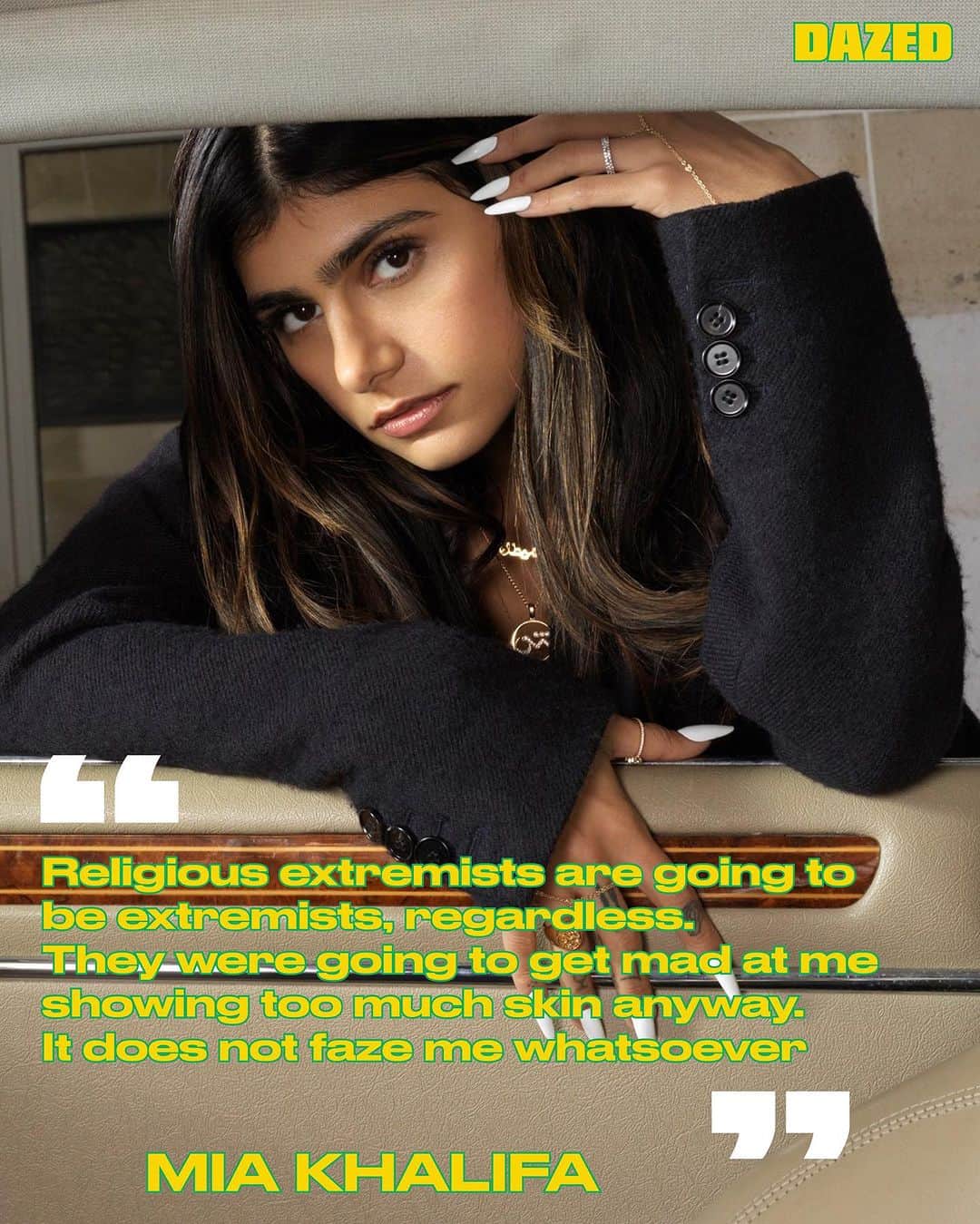 Dazed Magazineのインスタグラム：「“It’s a little early in the morning, please excuse my pyjamas”, says @miakhalifa who is beaming in via video call from Miami.   “It’s not even that early, it’s fucking 10 AM – I’m just really lazy today,” she adds. It may be the crack of dawn in Khalifa’s eyes, but she’s definitely not wanting for any energy. She’s here to talk about her new jewellery line @sheytan.world - the first collection comprising slinky, gold body chains with logo name-plates that are made to be draped around hips, wrists, and ankles.   They’re both subtle and suggestive – an ideal product for Khalifa’s first foray into retail.  Despite Khalifa’s huge profile, Sheytan was born from a real-life passion and when asked whether this may be a ‘celebrity line’, there’s immediate pushback.   “No one came to me like ‘do you want to put your name to this.’ I was like,  I’m going to put my entire life savings into this, and it’s going to be really scary,”, she says, adding “this is not a celebrity line. This is a small business.”  Read more through the link in our bio 🔗  📷 @fabienmontique  ✍️ @elliothoste」