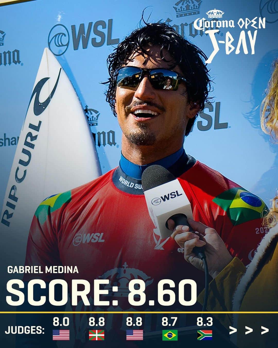 世界プロサーフィン連盟（WSL）のインスタグラム：「What a heat! @gabrielmedina takes the win and secures himself a Finals Day ticket. 🎟️  Watch live on worldsurfleague.com. @corona @kougamunicipality」