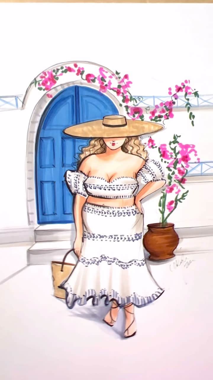 Holly Nicholsのインスタグラム：「Santorini Dreams 💭 #santorini #fashionillustration #asmr #copicmarkers #illustration #copic #greece」