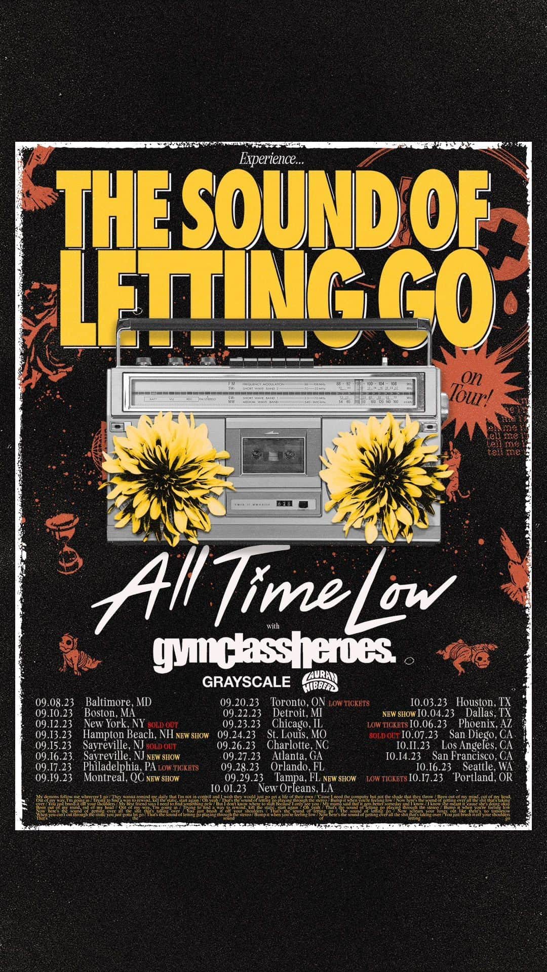 All Time Lowのインスタグラム：「We’ve got NEW DATES coming in hot on The Sound Of Letting Go Tour with @GymClassHeroes @GrayscalePA @lauranhibberd!! Check your city below and let us know where we’ll see you! If your local show already has a low ticket warning, head to AllTimeLow.com before it sells out!  Pre-Sale: Wednesday at 1PM EST  On Sale: Friday at 10AM local  New Dates Added: Sept 13 - Hampton Beach, NH Sept 16 - Sayreville, NJ Sept 19 - Montreal, QC Sept 29 - Tampa, FL Oct 4 - Dallas, TX」