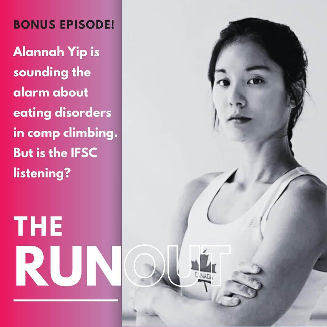 アラーナ・イップのインスタグラム：「The @ifsclimbing is being criticized for not doing enough to address eating disorders in comp climbing. Alannah Yip @alannah_yip is leading this conversation to help change the regulations and culture, both among competitors and coaches, that contribute to the unhealthy relationship that many athletes have with food and performance. Now the question is, what comes next? To hear our conversation with Alannah, a world class climber from Canada, who gives us a very inside look into just how fraught the comp culture is, subscribe to our podcast on Patreon. You’ll get full access to all of our bonus episodes and other perks, and help support your favorite climbing podcast. @andrewbisharat @enormocast」