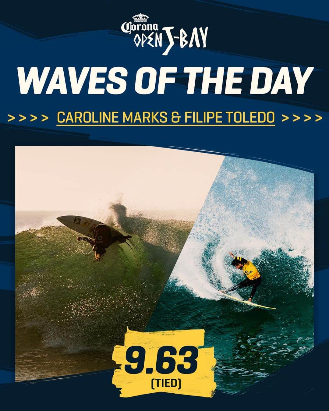 世界プロサーフィン連盟（WSL）のインスタグラム：「A pair of 9.63’s have @caroline_markss and @filipetoledo sharing top honors from an epic day 3 of action at the #CoronaOpenJBay!  Tune in for a potential Finals Day: July 19 | 7:15 am SAST @corona @kougamunicipality」