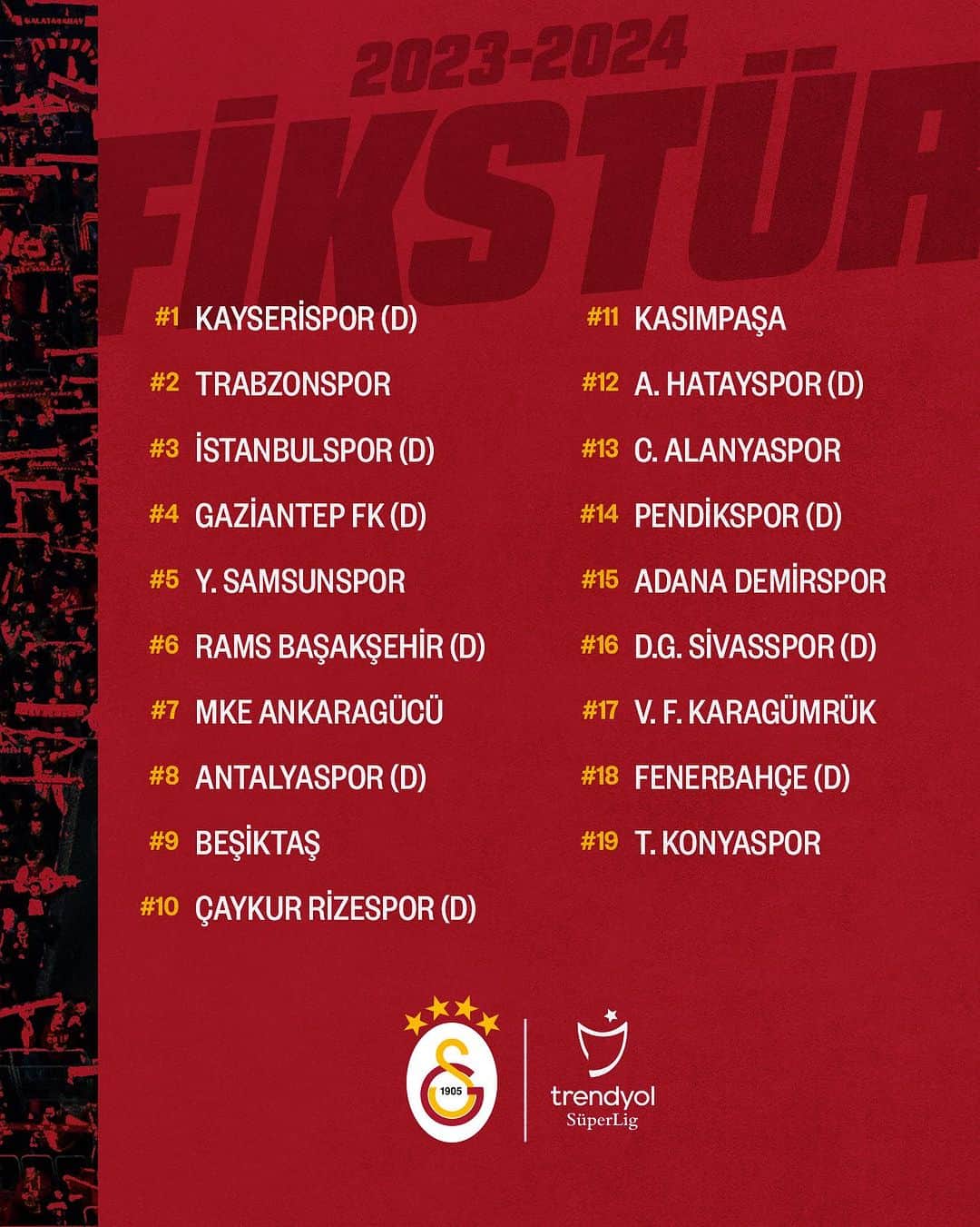 ガラタサライSKさんのインスタグラム写真 - (ガラタサライSKInstagram)「🗓️ Trendyol Süper Lig 2023-2024 Sezonu fikstürümüz belli oldu!  #Hedef24 🏆」7月19日 4時55分 - galatasaray