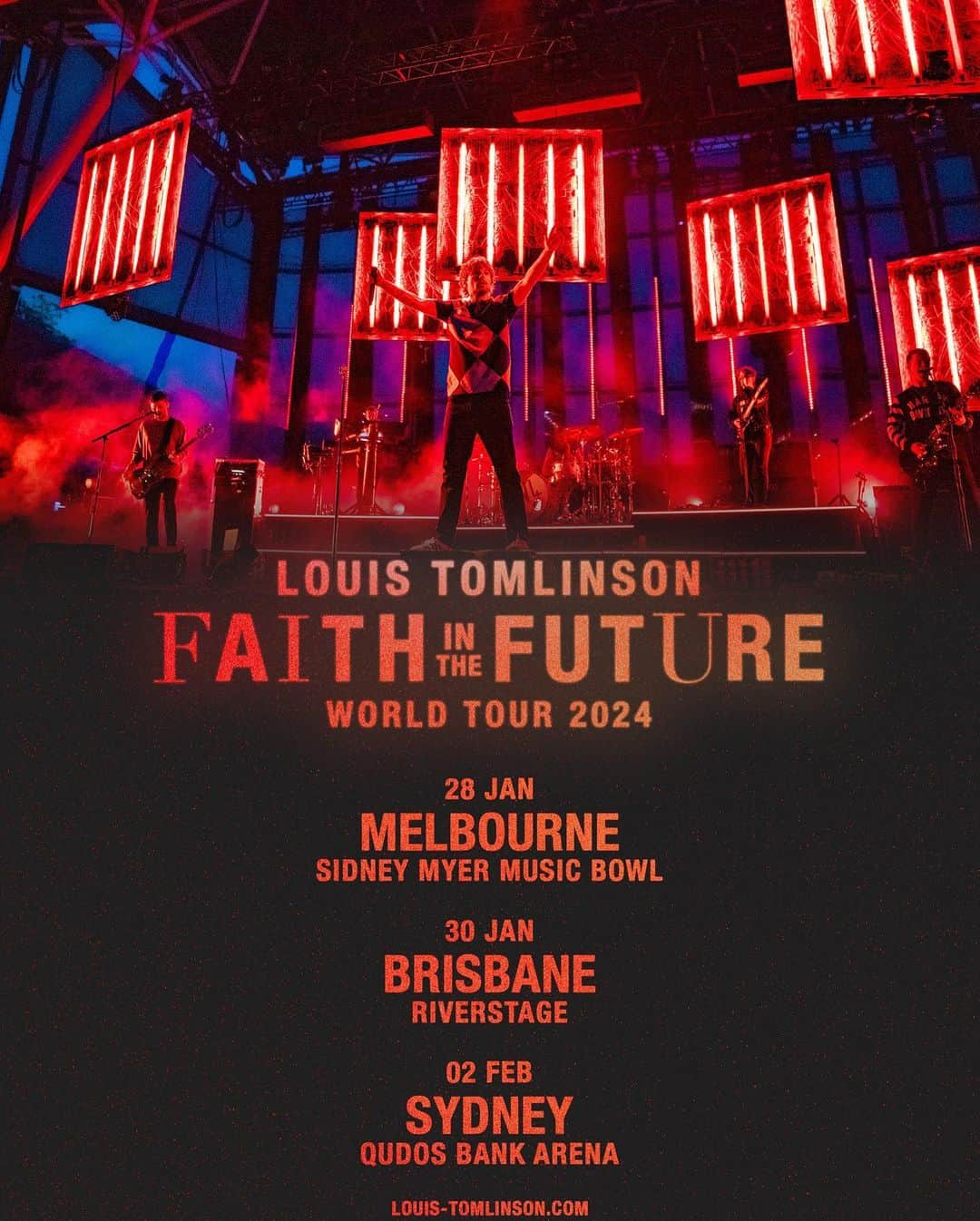 ルイ・トムリンソンのインスタグラム：「Australia 2024! I’m really excited to be coming back next year. Always been one of my favourite places to visit! Sign up now for pre-sale access. Link in bio.  Pre-Sale opens 21st July at 10am local time. General On Sale 25th July at 12pm local time.」