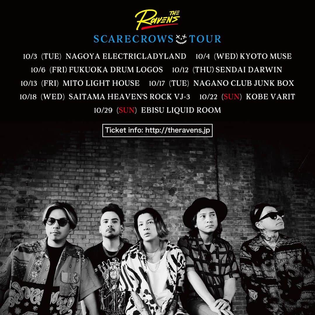 桜井誠のインスタグラム：「【The Ravens 全国ツアー開催決定！】   全国9都市のライブハウスを巡る《ワンマンツアー》 The Ravens “Scarecrows Tour” 開催決定!!!   10/3(火) 名古屋 Electric Lady Land Open 18:30 / Start 19:30 10/4(水) 京都 MUSE Open 18:30 / Start 19:30 10/6(金) 福岡 DRUM LOGOS  Open 18:30 / Start 19:30 10/12(木) 仙台 Darwin Open 18:30 / Start 19:30 10/13(金) 水戸 Light House Open 18:30 / Start 19:30 10/17(火) 長野 CLUB JUNKBOX Open 18:30 / Start 19:30 10/18(水) さいたま新都心 Heaven’s Rock VJ-3 Open 18:30 / Start 19:30 10/22(日) 神戸VARIT. Open 17:00 / Start 18:00 10/29(日) 恵比寿LIQUIDROOM Open 17:00 / Start 18:00   前売：¥5,800（別途ドリンク代）   D.A.CREW先行 https://www.dragonash.co.jp/ 受付期間：7/20（木）18:00〜7/26（水）23:59   PABLO LAND先行 https://pablo.land/ 受付期間：7/20（木）18:00〜7/26（水）23:59   イープラス最速先行予約 https://eplus.jp/theravens/ 受付期間：7/27（木）12:00〜8/2（水）23:59   チケット一般発売日 8/19（土）10:00   more info. https://theravens.jp/live」