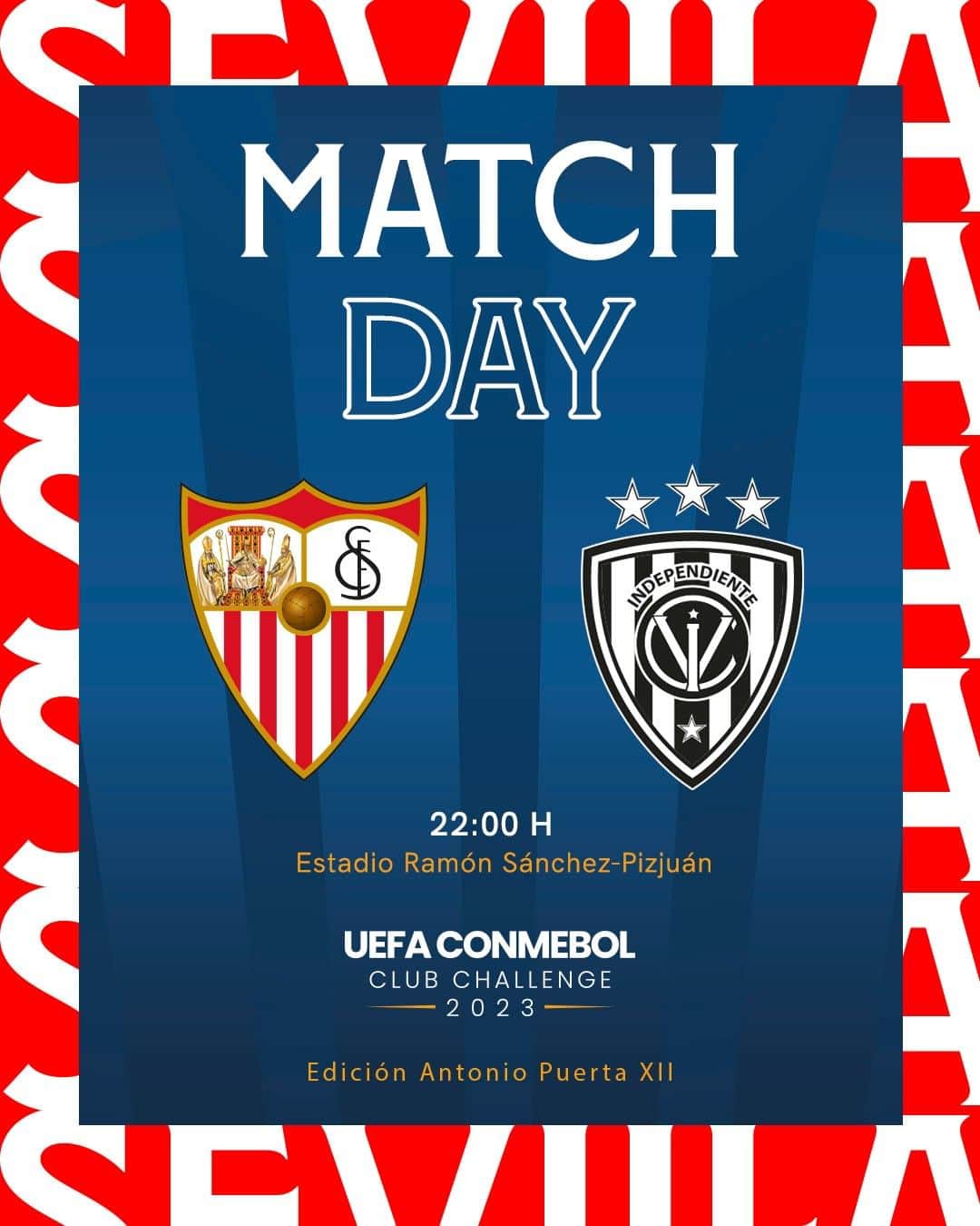 セビージャFCのインスタグラム：「⚽️ Hoy jugamos el UEFA-CONMEBOL Club Challenge #TrofeoAntonioPuerta XII ⚪️🔴  ¡Vamos, Sevilla! 👏🏻  #WeareSevilla #NuncaTeRindas #matchday #sevillafc #sevilla」