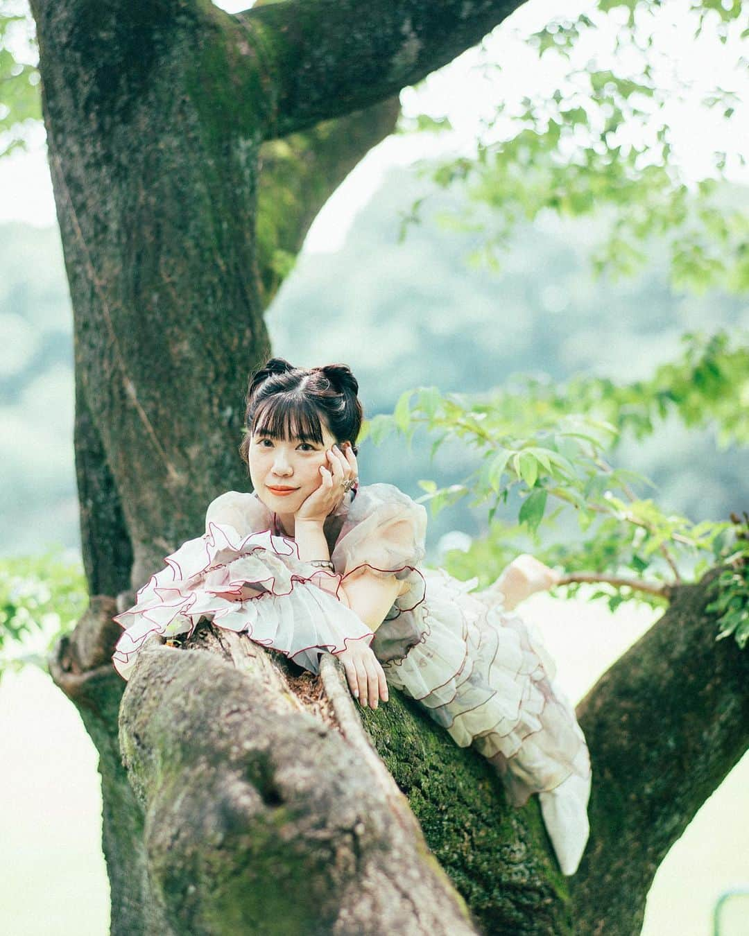 永原真夏のインスタグラム：「新曲「この木を切らないで」配信スタートいたしました🌿🦋🌲  🎧https://friendship.lnk.to/Dontcutthistree  私のような東京生まれ東京育ちの人間からすると、すぐ変わってしまう街並みや、お引越しの多い自宅よりも、たった一本の木が、自分のふるさとになったりするものです。 自分にとっても、未来のこの街にとっても、大切で思い入れのある〝この木〟について歌いました。 うだるような夏の日に、納涼しながら聴いてくださったら嬉しいな。どうぞ、よろしくお願いいたします。  〈credit〉  作詞・作曲｜永原真夏 @suika1ban  prod.｜猪爪東風 @ayu_to_to   Vo,Leier Harp｜永原真夏 @suika1ban  Gt,Cho｜猪爪東風 @ayu_to_to  Ba.｜やなぎさわまちこ @machiko_max  Piano｜工藤歩里 @ariri01   Recording Studio｜日野音楽室第Ⅲ  写真｜ムラカミダイスケ @daisuke_murakami   衣装｜AMER ROISER @amer_rosier   Artwork｜永原真夏 @suika1ban」