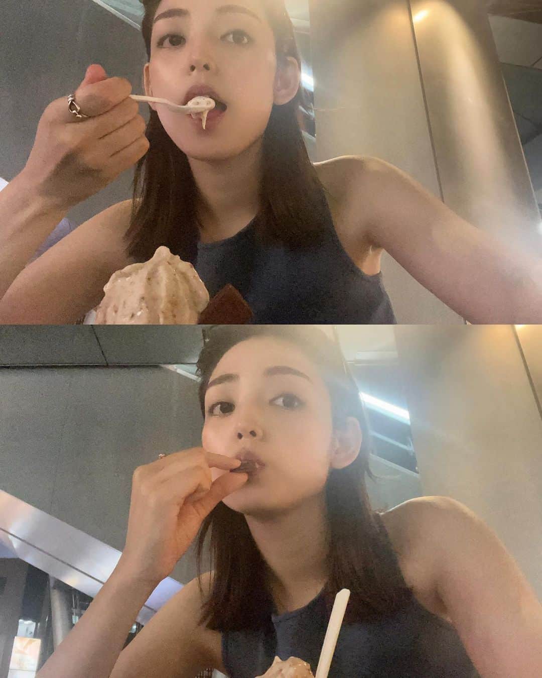 仲美咲のインスタグラム：「え、なんかすごいボヤけてるけど 暑くてアイス屋さん見つけたらみんなも思わず入っちゃうよね？？🍨  たまにはいいよね🩵  #icecream#summer #ノースリーブ#夏コーデ #ラウール　に似てるらしい」