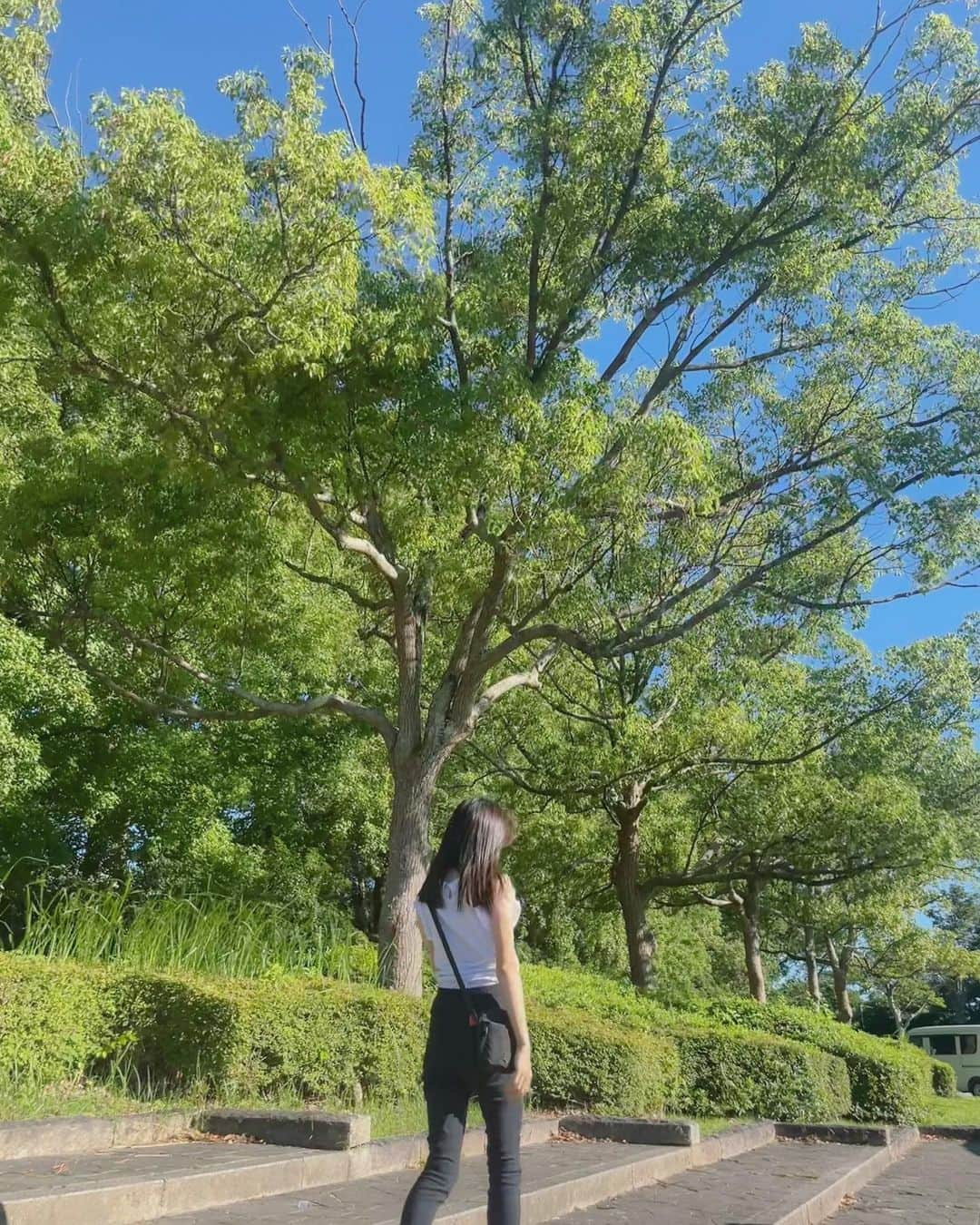 林萌々香のインスタグラム：「GREEN🌿 綺麗な青空やって気分も良き〜☀️ もう梅雨明けてそうなくらい😳」