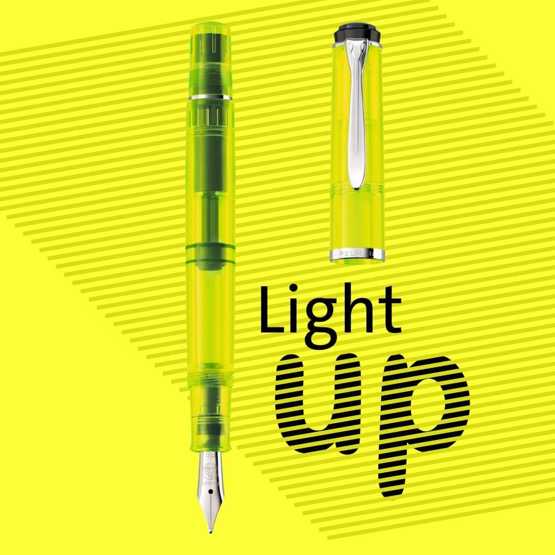 ペリカンのインスタグラム：「You want it all? THis is it: a highlighter AND a fountain pen! Our Classic 205 DUO Highlighter NEON, with fluorescent ink, lights up every page. Highlight important details with its BB stainless steel polished nib. The classic piston mechnism is created to be filled with our fluorescent neon-yellow highlighter ink.  #PelikanPassion #Highlighter #fountainpen」