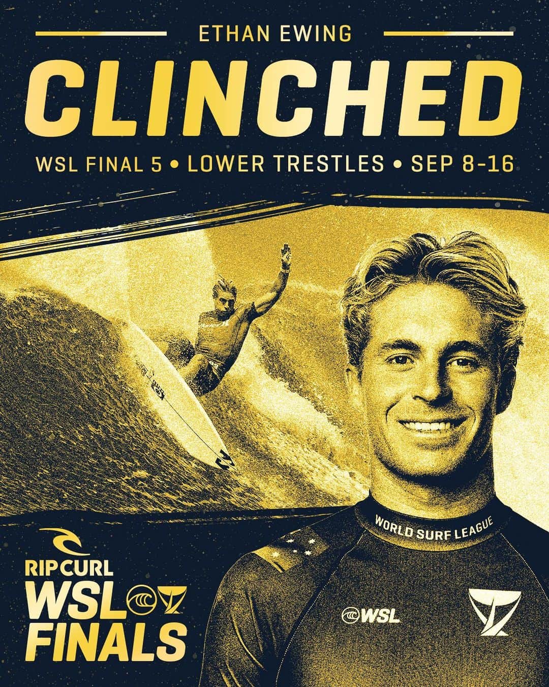 世界プロサーフィン連盟（WSL）のインスタグラム：「It’s official. @ethan_ewing has clinched a spot in the #WSLFinal5. See you at Trestles for the #RipCurlWSLFinals! @ripcurl」