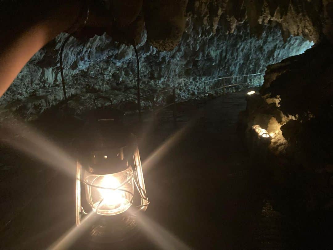 ニコラさんのインスタグラム写真 - (ニコラInstagram)「一夏の想い出　フルカラーの沖縄  〜4日目〜  ついに沖縄最終日。😢  開店同時にレンタカーをとりにいって  今日の目的地🌟沖縄ワールド　へ向かう‼️  10:00から"ガンガラーの谷"の見学ツアーを予約していたので、  9:00には到着して 先に玉泉洞を見に行くことに🏃‍♀️  帰りの飛行機もあるからシビアなタイムスケジュール‼️  オープン同時だったから誰もいない 独占状態で見学🎶  入り口の階段を降りていくと まずは広めの空間にやってくる  地面からはたくさんのつんつん岩がはえており さらに進んでいくと 天井から信じられないほどのつんつん岩が生えているスポットに  ちょいちょいライトアップもされていて綺麗  なんせ人がいないので静か‼️  この静けさが大事な雰囲気(ムード)なんです  岩窟王、地煙の滝、青の泉は 力強く、美しい　清い水とライトで幻想的  しかしゆっくりもしていられず  40分ほどで見終わって  ガンガラーの谷の入り口へ‼️  ガンガラーの谷はずぅっと昔から行きたかった場所だったから ドキドキワクワク‼️  入り口のところはcave cafeになっていて サンゴから抽出したコーヒーが飲めるそうな  ツアーが始まると最初は ガンガラーの谷についての説明と 虫除けスプレーの配布  ここでは数百万年(？)もの時をかけて 自然がつくりだした地形にくわえて 旧石器時代の人骨が発掘されたなんていう  そんなロマンが味わえちゃうのです✨  ガイドさんにくっついて いざツアーがスタート‼️  巨大な竹や　ガジュマル　地形のあれこれ  ガンガラーの谷の由来や歴史  色々なことを教えてくれます！  ランプを持って洞窟に入って行ったり 巨大ガジュマルを見て写真を撮ったり ツリーハウスに登ったり 人骨の見つかったお墓を見たり  1時間20分のツアーはあっというまに終わってしまった💦  でも凄く興味深くておもしろくて ほんっとうに行けてよかった‼️‼️  ツアが終わるとまた沖縄ワールドに戻って  今度はゆっくりと見学  爬虫類博物館ではヘビちゃんと一緒に記念撮影を💖  ちっちゃなトカゲの赤ちゃんに触ったり(本当は触っちゃダメだけど、係のお姉さんと仲良くなって特別に少しだけ触らせてもらった‼️) 巨大ゾウガメやコウモリの赤ちゃんやコウモリの集団をみたり  エイサーのダンスを鑑賞したり(これは撮影禁止だったんだけど、獅子舞みたいな赤いライオンが出てきたり、ひょっとこが出てきたりとめちゃくちゃ面白かった‼️)  ハブとマングースの水泳大会を見たり(めっちゃなごんだ、マングースの勝ち)  琉球ガラス工房をちらりと見学したり  琉球王国城下町のエリアは昔の建物の雰囲気がそのまんま感じられるタイムスリップ体験ができたり (ここでは琉装という当時の民族衣装のレンタルもできたけど時間がなくて断念。あれをきて城下町を歩いてみたかった)  盛りだくさんな沖縄ワールド‼️  最後はお土産ショップを見て  名残惜しい気持ち溢れながら、那覇空港へ・・・・。  最後の最後にブルーシール(今旅行3回目)を食べて、  沖縄にさようならを告げたのであった。、、、  沖縄・・・・・・・  アンタ、最っっっっっ高だよ‼️‼️‼️‼️‼️‼️  またな‼️‼️‼️‼️‼️‼️‼️‼️」7月19日 22時42分 - nicolax27