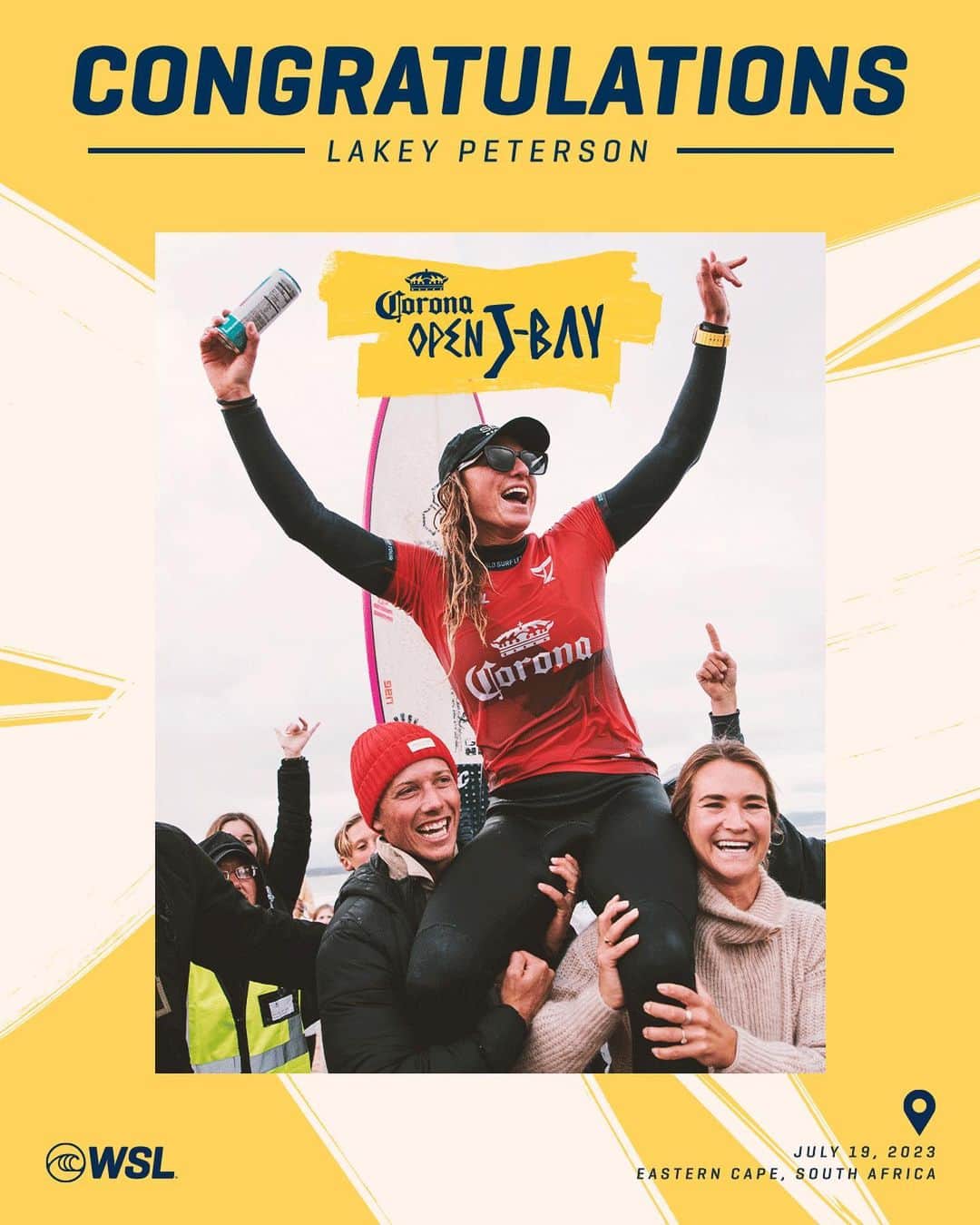 世界プロサーフィン連盟（WSL）のインスタグラム：「Congratulations @lakeypeterson, winner of the #CoronaOpenJBay 🏆  @corona @kougamunicipality」