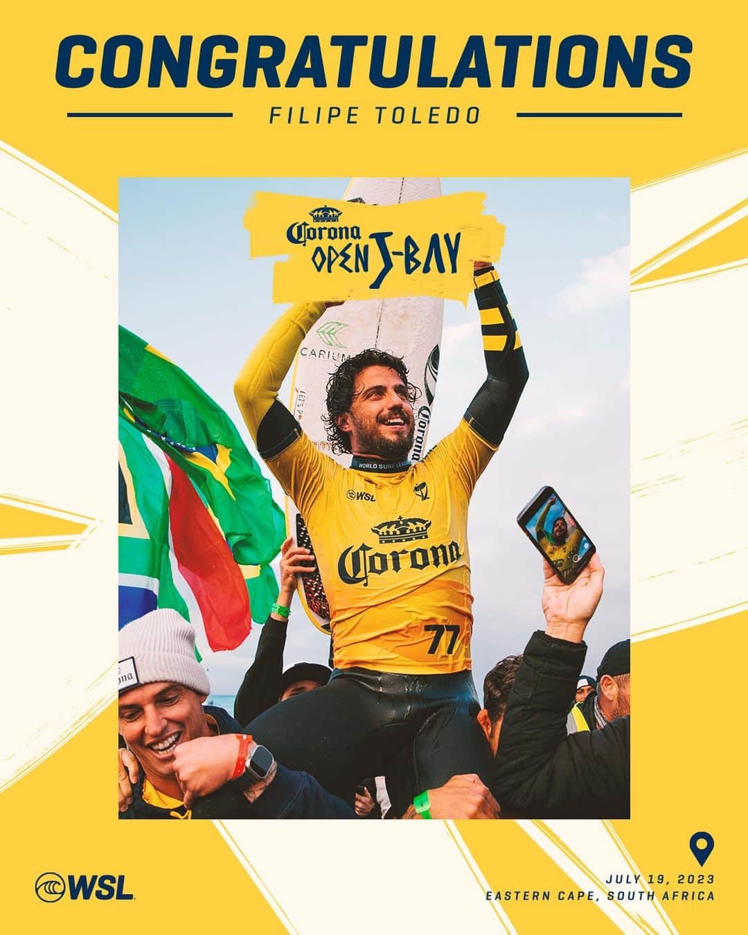 世界プロサーフィン連盟（WSL）のインスタグラム：「Congratulations @filipetoledo, now a 3x winner of the #CoronaOpenJBay! 🏆🏆🏆  @corona @kougamunicipality」
