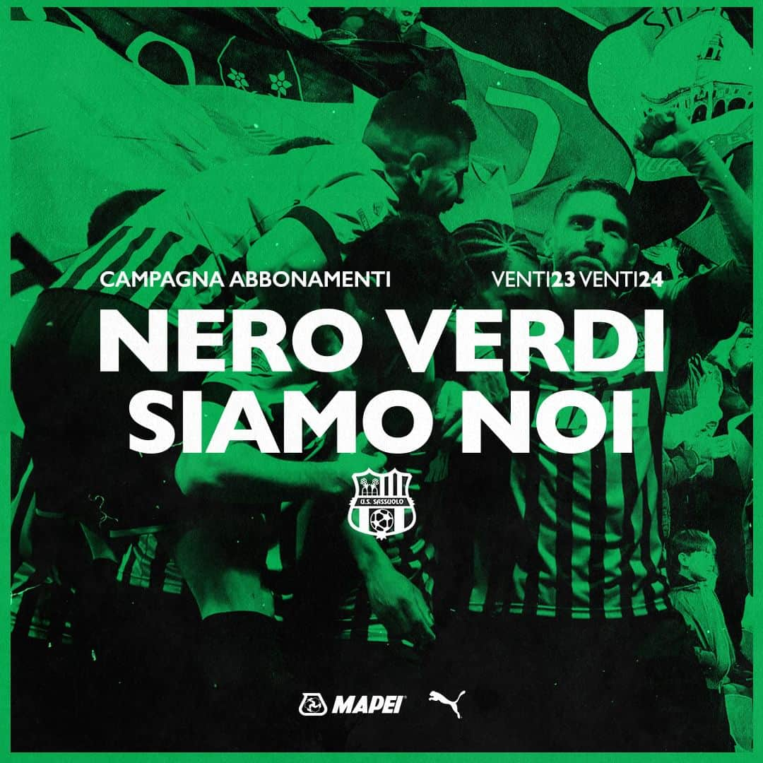 USサッスオーロ・カルチョのインスタグラム：「📣 Campagna Abbonamenti 2023/24: si parte il 20 Luglio! 📣  Scopri tutte le info su www.sassuolocalcio.it ℹ️   🖤💚 𝐍𝐞𝐫𝐨𝐯𝐞𝐫𝐝𝐢 𝐬𝐢𝐚𝐦𝐨 𝐍𝐨𝐢 🖤💚  #ForzaSasol」