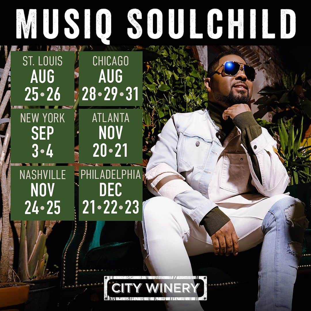 ミュージック・ソウルチャイルドのインスタグラム：「CITY WINERY DATES  I’M COMING TO YOUR CITY   AUG 25|26 - ST LOUIS @CityWinerySTL AUG 28|29|31 - CHICAGO @CityWineryCHI SEPT 3|4 - NEW YORK @CityWineryNYC NOV 20|21 - ATLANTA @CityWineryATL NOV 24|25 - NASHVILLE @CityWineryNSH DEC 21|22|23 - PHILLY PHILLY @CityWineryPHIL  ✨Contact Your Local City Winery For Ticket Info ✨  #CityWinery #StLouis #Chicago #Atlanta #NewYork #Nashville #Philadelphia」