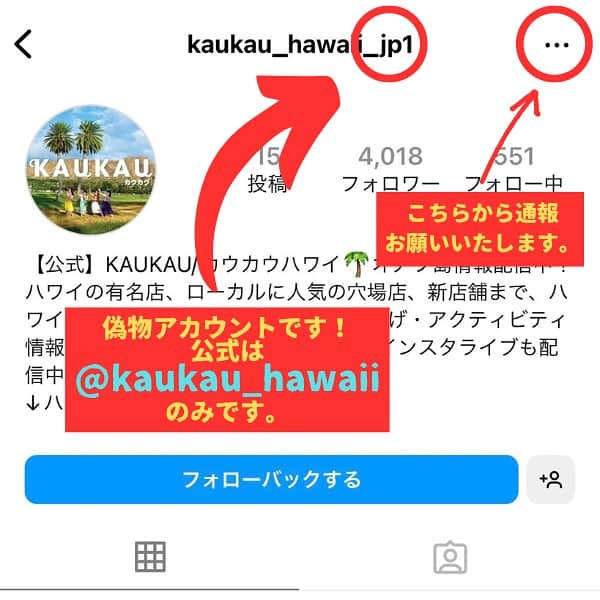 KAUKAU/カウカウハワイのインスタグラム：「⚠️注意⚠️  昨日も投稿いたしましたが、少しわかりづらかったかもしれないので、再度投稿いたします⚠️  KAUKAUの偽物アカウントが出回っております。 このアカウントは「優勝おめでとうございます🎉」などとメッセージを送ってきます。その中にあるリンクは絶対にクリックしないよう、お願いいたします！  KAUKAUハワイの公式アカウントは  @kaukau_hawaii  のみで、偽のアカウントは、kaukau_hawaiiの後に _jp1 や _jpn1 などがついているようです。  皆様お手数をおかけいたしますが、それらのプロフィールのページの右上にある3点の部分を押して、通報をしてくださると助かります。泣 そして、偽アカウントのブロックもお願いします🥹  くれぐれも、偽のアカウントにはお気をつけください。 よろしくお願いいたします🙏  #kaukau_hawaii #偽アカウント #偽アカウントに気をつけて」