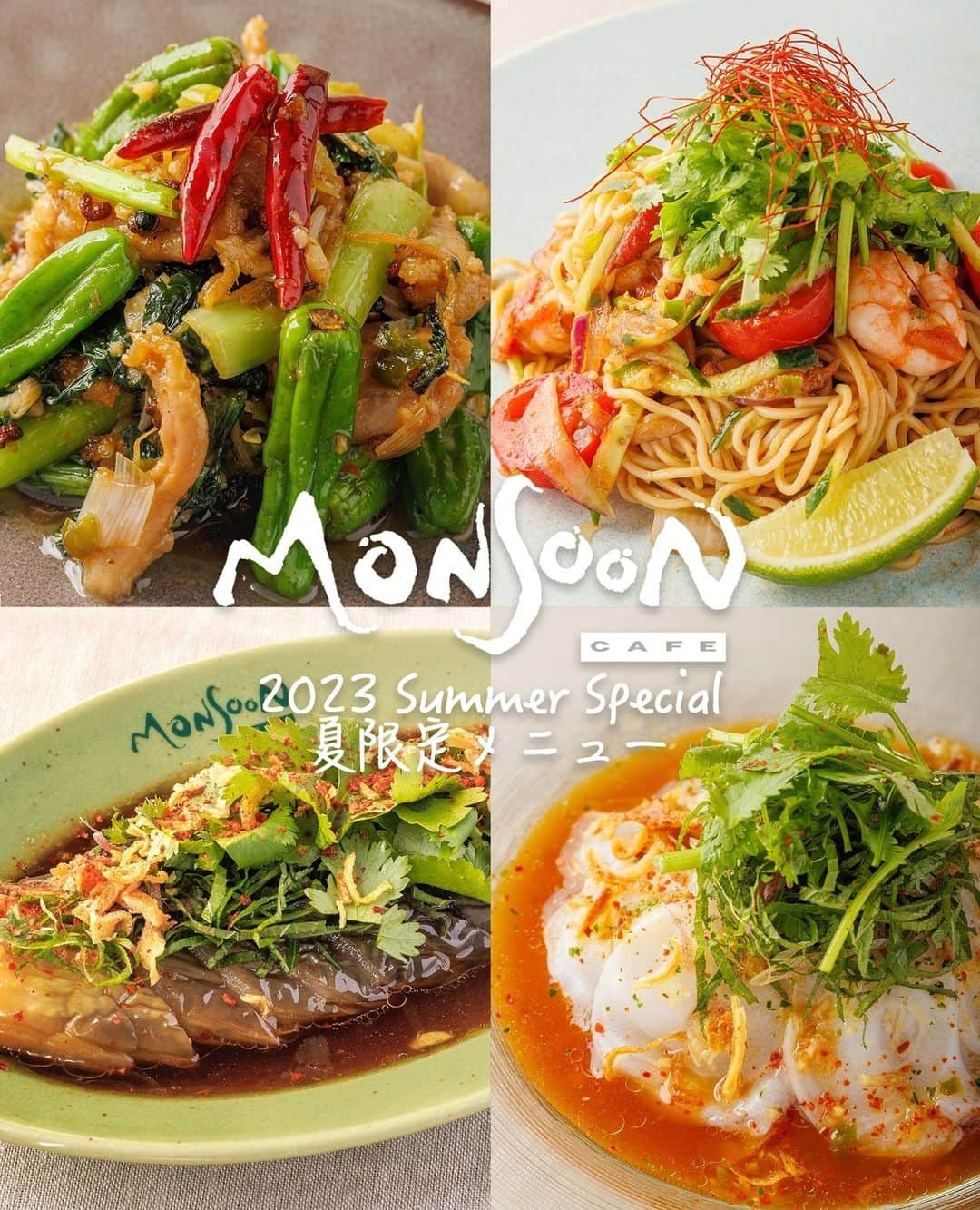 モンスーンカフェさんのインスタグラム写真 - (モンスーンカフェInstagram)「Monsoon Cafe 2023 Summer Menu 🌴🌊🥥⁠ この夏、モンスーンカフェの限定メニューで、暑い日々を爽やかに乗り越えてみませんか？⁠ 暑さを忘れさせる、爽快な海の恵み『北海タコのカルパッチョ』や、⁠鶏肉のジューシーさと山椒の香りが絶妙にマッチした『鶏せせりと獅子唐の山椒炒め』はもちろん！⁠ モンスーンカフェの夏の定番でもある『トムヤム冷麺』や『タイ風ナスマリネ』は外せません（よね？）☆⁠ タイ特有のスパイシー×酸味で、暑い暑い夏、元気に乗り越えましょう。⁠ ≪実施店舗≫　※ららぽーと愛知東郷を除く、モンスーンカフェ全店⁠ ⁠ ●北海タコのカルパッチョ  980/1,078円⁠ ●タイ風ナスマリネ  500/550円⁠ ●鶏せせりと獅子唐の山椒炒め  1,280/1,408円　（※さいたま新都心での提供はございません）⁠ ●トムヤム冷麺  1,180/1,298円⁠ ※仕入れ状況により予告なく終了となる場合があります。⁠ ※土日祝は終日、平日はランチタイム終了後からの提供となります。⁠ ⁠ On the menu we have octopus carpaccio, Thai-style marinated eggplant, stir-fried chicken filet with Japanese peppers and cold tom yum noodles.」7月20日 5時00分 - monsooncafe_gd