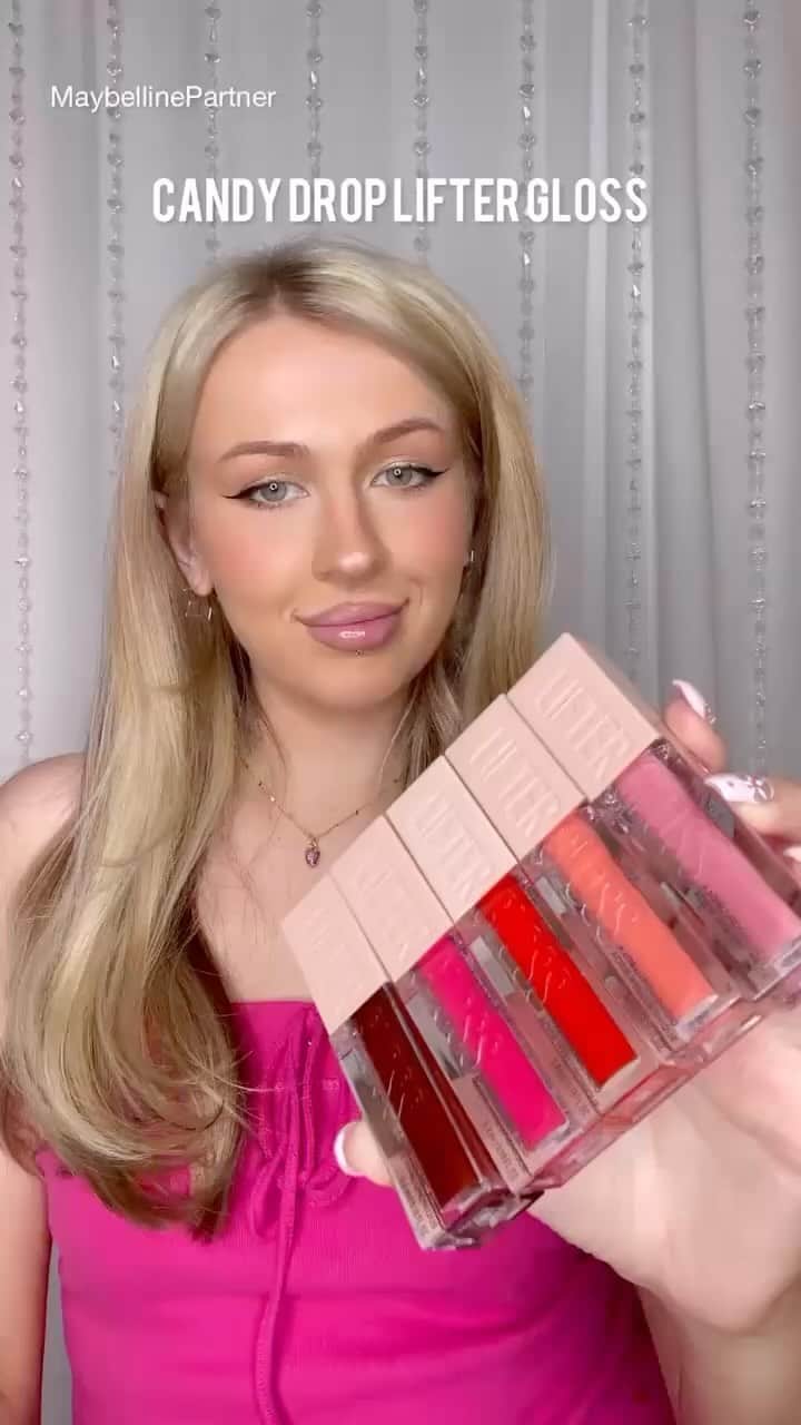Maybelline New Yorkのインスタグラム：「Indulge in a sweet swatch party with @Bridget_DesGrange and our Lifter Candy Drop Collection! 🌈✨ Watch as she swatches ‘Gummy Bear,’ ‘Peach Ring,’ ‘Sweetheart,’ ‘Bubblegum,’ and ‘Taffy.’ 🎨💄 Get ready to satisfy your lip color cravings with these delicious shades! Which one will be your ultimate candy crush? 🍭💋 #maybellinepartner ​」