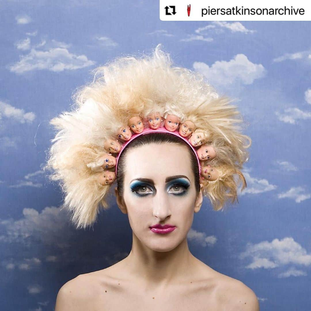 ピアーズアトキンソンのインスタグラム：「#blastfromthepast @piersatkinsonarchive ・・・ AW09/#1⁠⠀ 'Dolly'⁠⠀ Dolly heads and hairspray.⁠⠀ ⁠⠀ Art Direction: Piers Atkinson⁠⠀ Photography: Leigh Keily @leighkeily⁠⠀ Styling: Yasuhiro Takehisa @yasuhirotakehisa⁠⠀ Make-up: Rino Ozaki #rinoozaki⁠⠀ Model: Rebecca Grover @beccagroverjones⁠⠀ ⁠⠀ #piersatkinson #millinery #hat #hats #headpiece #headdress #headband #milliner #maker #whowantstobeamilliner?! #barbie #dolly #sindy #actionman #ken」