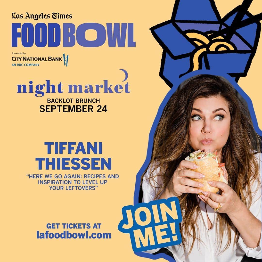 ティファニー・ティーセンのインスタグラム：「Come see me at the @lafoodbowl Night Market on September 24. Bring the whole family for my live cooking demo on the L.A. Times Food Stage at Backlot Brunch, and stick around afterward for a meet and greet ❤️ I’ll have signed copies of my new cookbook, #HereWeGoAgain, available too. Get your tickets before they sell out at lafoodbowl.com!   #LAFoodBowl presented by @CityNationalBank. @latimes @latimesfood @latimesevents」