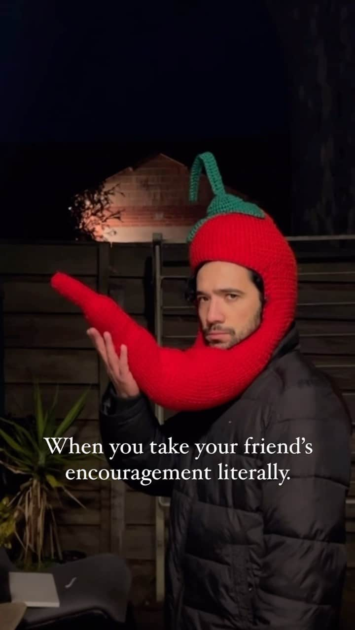 Phil Fergusonのインスタグラム：「Find yourself that one encouraging friend 🌶️  #hot #hotfriends #chili #chilli #chilly #food #foodhat #crochet #knit #hat #melbourne #funny #reels」