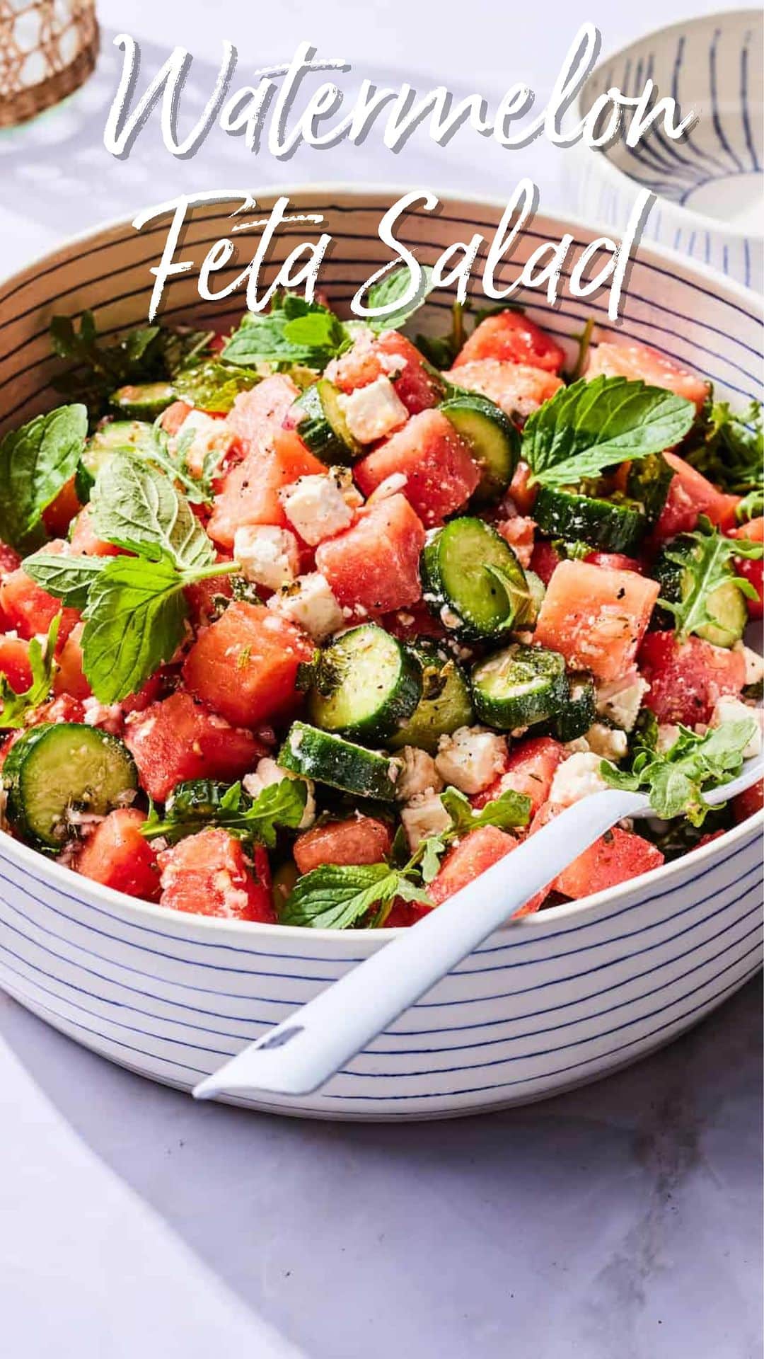 Gaby Dalkinのインスタグラム：「A marinated watermelon feta salad of your dreams bc it’s too damn hot to actually cook anything these days! Recipe is linked in my bio https://whatsgabycooking.com/watermelon-feta-salad/」
