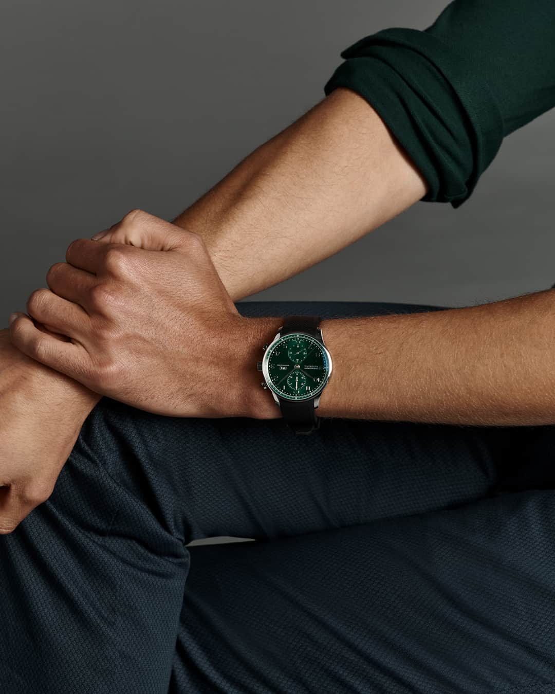 IWCのインスタグラム：「Functional and stylish at once.  This Portugieser Chronograph (Ref. IW371615) is paired with a textured black rubber strap. Visit your IWC boutique or retailer to discover the variety of strap options available. #IWCportugieser | #TheReference I #GeorgeRussell  🔗Link in Bio」