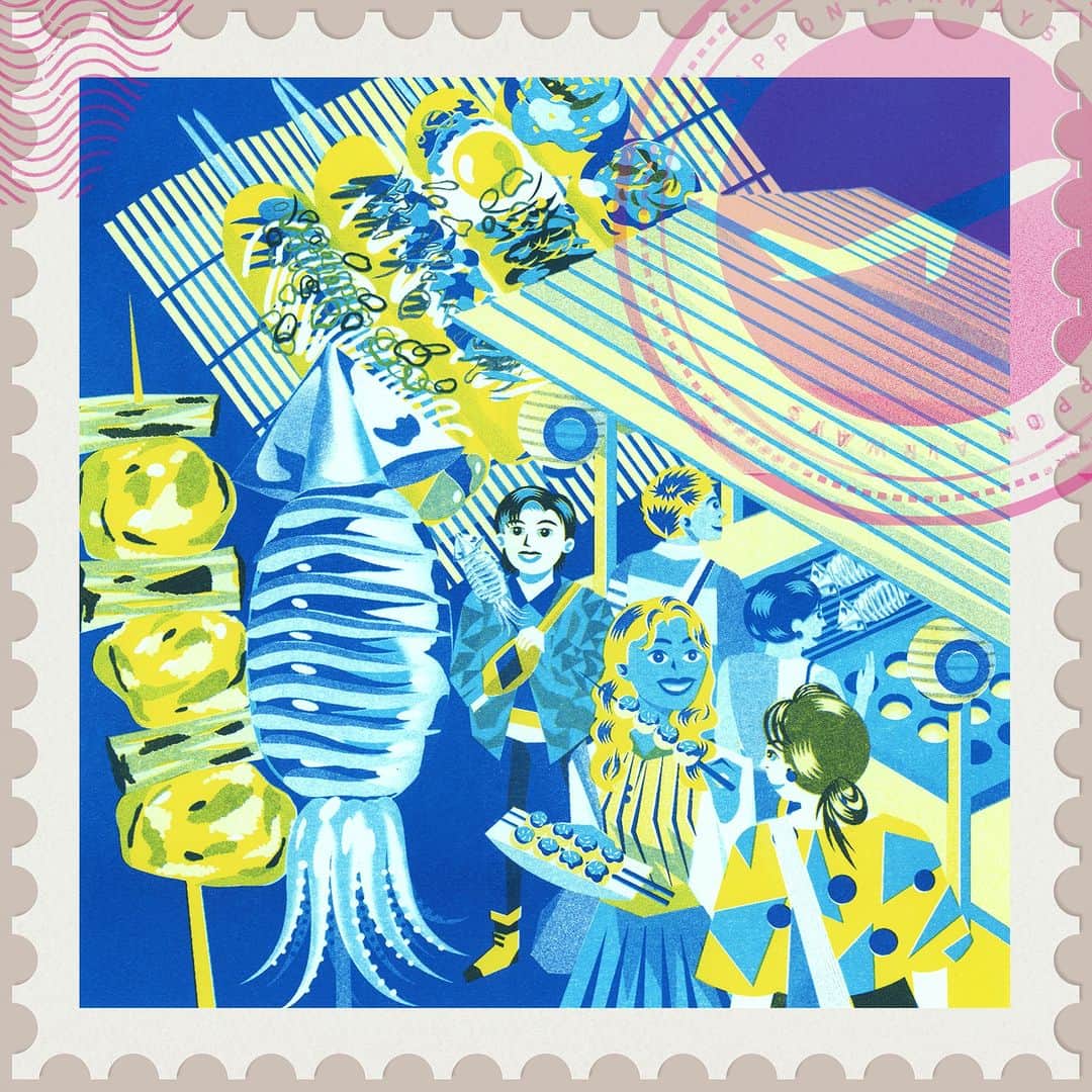 All Nippon Airwaysのインスタグラム：「It’s summer festival season! How many yummy skewers do you see?  Thank you @jennliv for another fabulous #Risograph illustration.」