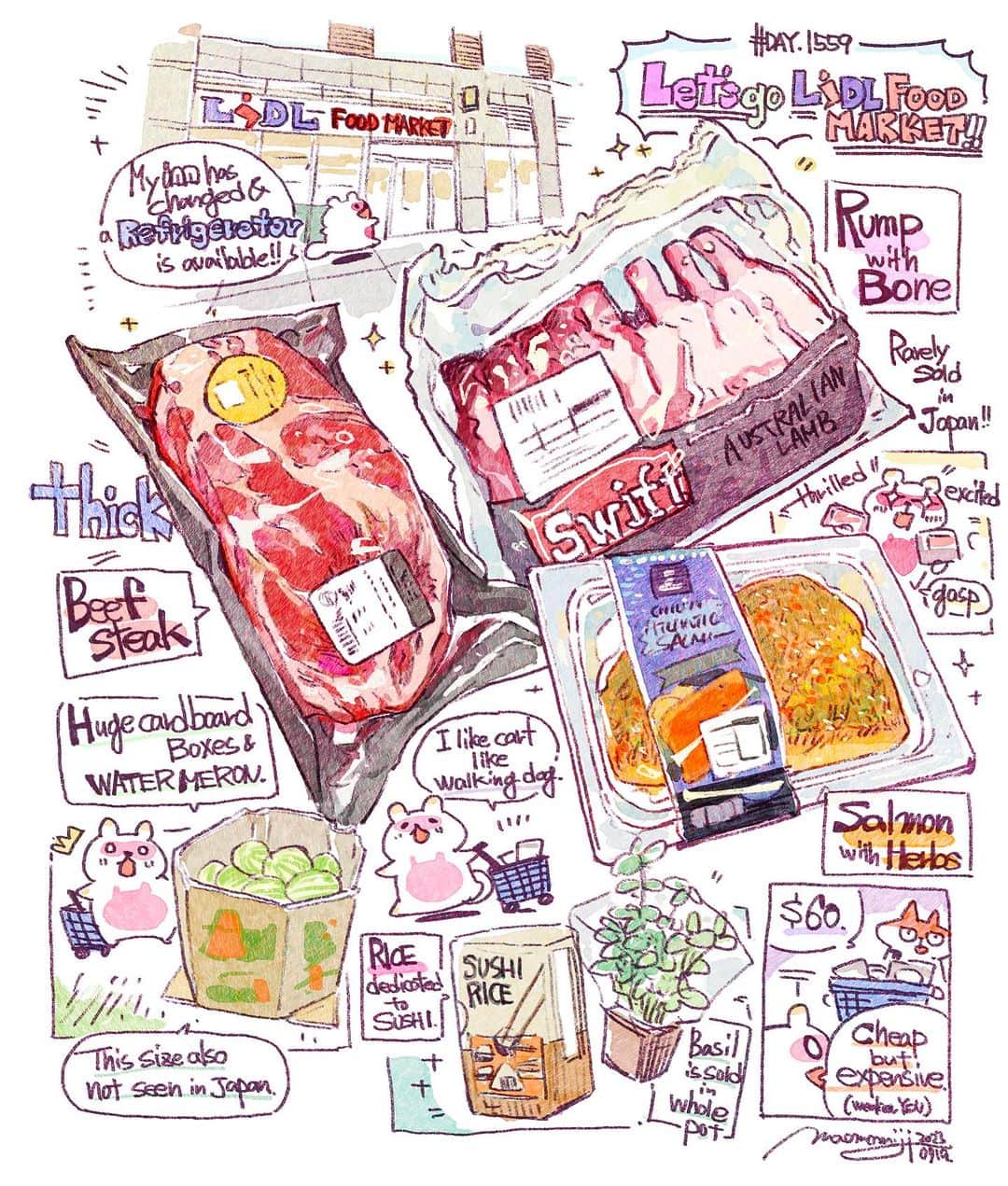 もみじ真魚さんのインスタグラム写真 - (もみじ真魚Instagram)「『#DAY1559/「Let’s go LiDL food market!」』  もみじ真魚/MaoMomiji もみじ真魚/MaoMomiji 2023年7月20日 01:08  [I love American supermarkets!］ I moved from a stay in Brooklyn to one in Harlem. This time I'll have full use of the fridge and the cooktop at the inn! So, I went to the supermarket "LiDL" with great enthusiasm. The prices were reasonable and I was excited to see bread under one dollar for the first time in a long time, and I bought a lot of it, which was a good deal for American prices, but with the current weak yen, it was actually very expensive. But I was satisfied, so that's all right! It's all right!  【アメリカのスーパー大好き！】 ブルックリンの宿から、ハーレムの方に移動しました。今回の宿は冷蔵庫と調理台がフル活用出来るぞ！！というわけで、意気揚々とスーパー「LiDL」へ。価格がお手頃で久しぶりに一ドル以下のパンを見てテンション上げたりしてました、沢山買ってアメリカ価格としてはお買い得だったのですが、今の円安相場だと実はしっかりお高かったりします。でも、満足したからそれでいいんよ！大丈夫！  #日刊ごはんが好き #foodie #foodieart #dailyilovefood  #毎日更新 #foodillustration #fooddrawing #もみじ真魚 #maomomiji #飯テロ #美食 #lidl #supermarket #meat #watermelon #salmon」7月20日 14時12分 - maomomiji