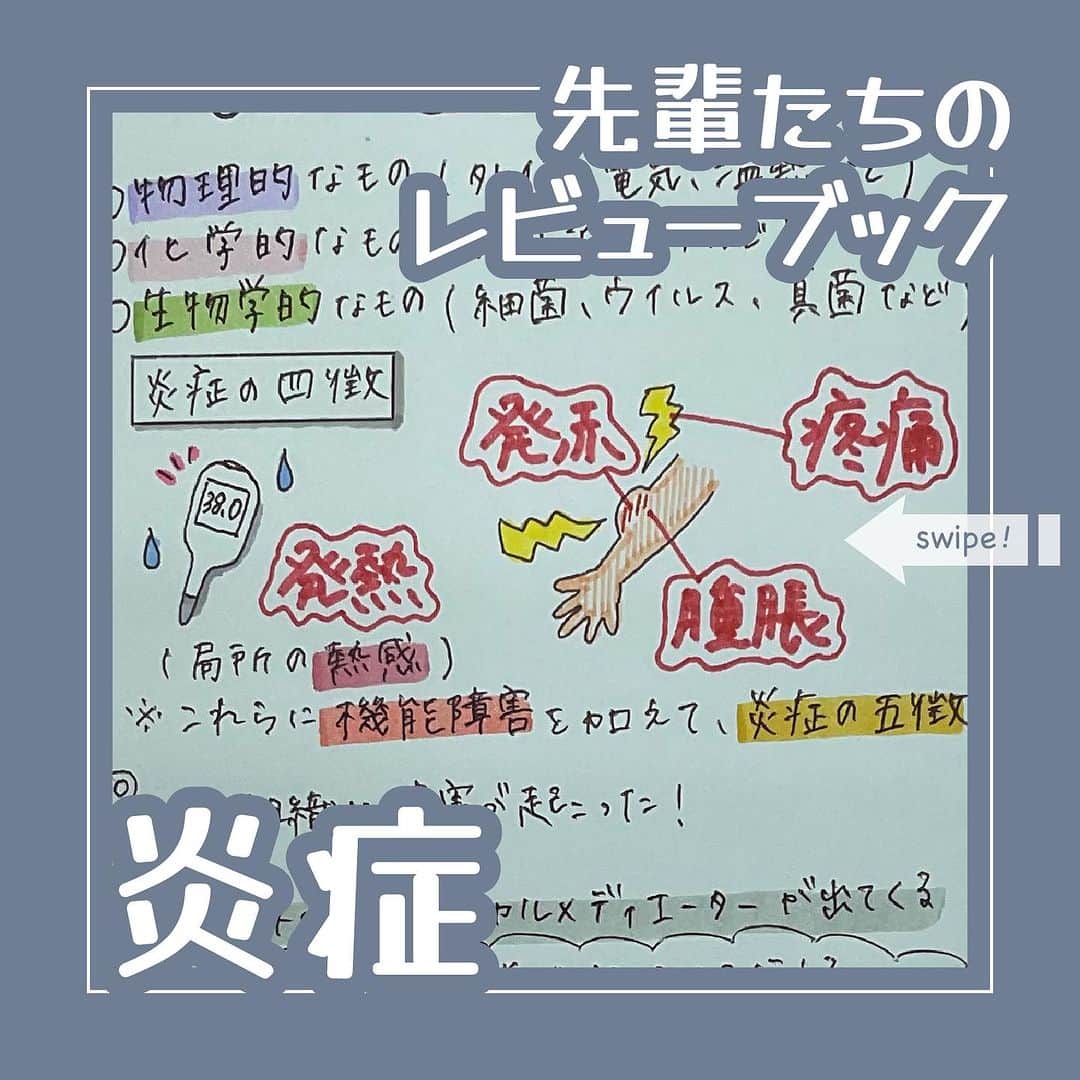 ネコナースのインスタグラム：「今回紹介する先輩（@___s18_）は、炎症について、イラストとともにわかりやすくまとめてくれています。   実習中のみなさんお疲れ様です！術後の患者さんや点滴をしている患者さんを受け持った際などによく聞く”炎症の四徴候”ですが、この4つを抑えておくことはとても重要です⭐️  実習だけでなくテストでも問われやすいところです。この機会に覚えましょう💡  『レビューブック2023-24』医ｰ20辺りにまとめてみましょう✨   #レビューブック #先輩たちのレビューブック #マイレビューブック #レビューブック太っちょ計画 #第113回看護師国家試験 #炎症 #血管透過性 #血管拡張 #看護学生の勉強垢 #看護学生さんと仲良くなりたい #メディックメディア」