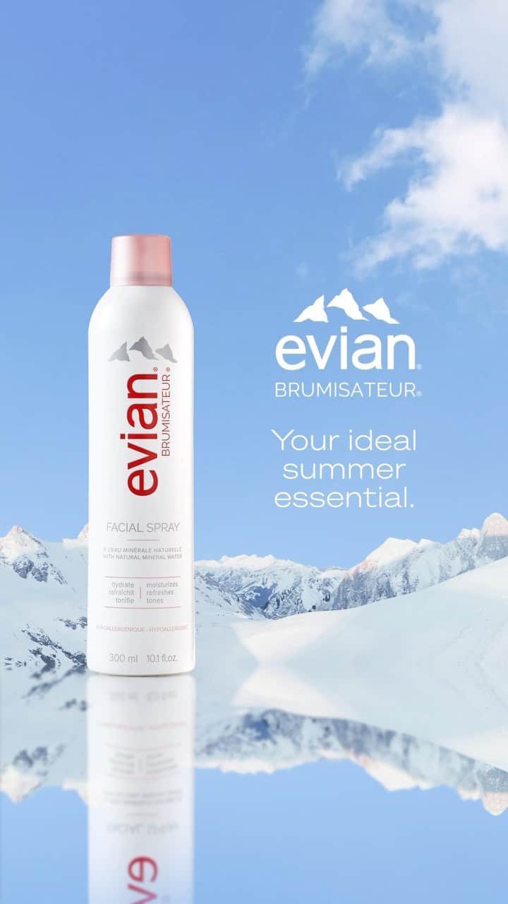 evianのインスタグラム：「🙌 This summer, refresh, revive, and rejuvenate with Brumisateur. ​  See bio link to try evian mineral water facial spray today💧​  #Brumisateur #LiveYoung #Heatwave」