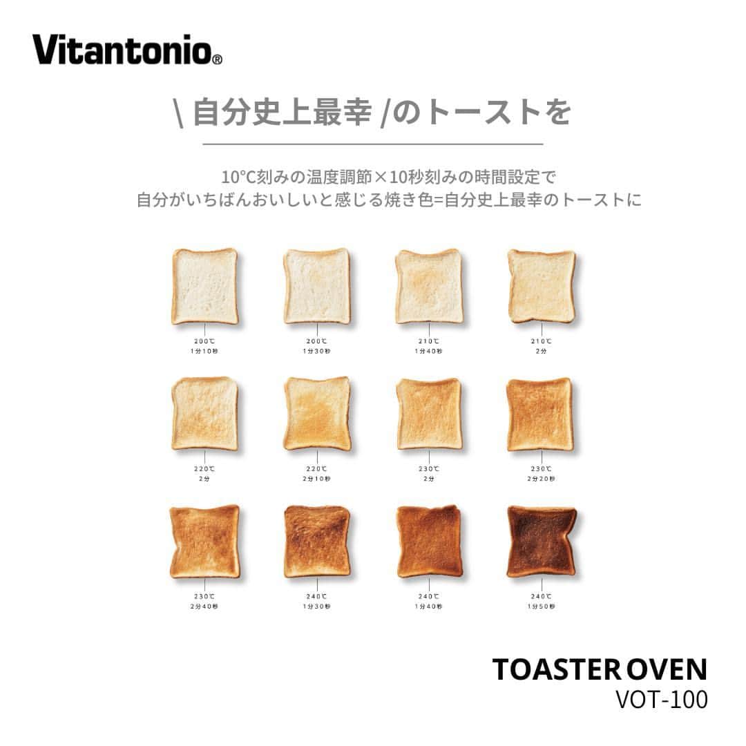 Vitantonioさんのインスタグラム写真 - (VitantonioInstagram)「. 鉄器や瓦をイメージした黒鉄色の本体に 天然木のハンドルを組み合わせた 「JAPAN MODERN STYLE」のデザインは 日本のキッチンにしっくり馴染む 落ち着いた佇まい。 　　 　　 「10℃刻みの温度調節」と 「 10 秒刻みの時間設定」機能*で ちょい焼き～こげ焼きまで 自分が一番おいしいと感じる焼き色で 「自分史上最幸」のトーストが毎日焼ける 「オーブントースター（VOT-100-K）」で いつもよりちょっと幸せな朝時間を。 　　 　　 　　 \🍞ご予約特典20%OFF🍞/ 公式オンラインストアにて オーブントースター（VOT-100-K）をご予約いただくと もれなく20%OFFクーポンをプレゼント！ ●予約期間：～2023年7月23日（日）まで ●商品発送：7月24日～順次のご発送となります ※クーポンはカートに入れると自動でディスカウントされますので、クーポンコードの入力等は不要です。 https://vitantonio.jp/collections/oven/products/vot-100 　　 　　　　 ================================　　 ▷オーブントースター /VOT-100-K ＼自分史上最幸／のトーストを毎日くり返し！ 約1秒で発熱する「オレンジヒート®」を搭載 #VOT100 #ビタントニオオーブントースター ●10 ℃刻みの温度調節× 10 秒刻みの時間調節機能* ●ちょい焼き～こげ焼きまで、微妙な焼き色調節 ●約1秒で発熱する「オレンジヒート®」搭載 ●80～240℃の温度調節×90分ロングタイマー* ●180℃×90分で「ねっとり」焼き芋に ●240℃×30分で「ほくほく」焼き芋に ●黒鉄色×天然木ハンドルのJAPAN MODERN STYLE ●本体前面の印字を抑えてレシピは天面に記載 ●肉料理やお菓子作りなどに便利な波型トレイを付属 ●着脱可能なラックとパンくずトレイでお手入れ簡単  サイズ：約W330×D310×H230mm 質量：約3.2Kg（トレイ除く） 消費電力：1240W（AC100V　50Hz/60Hz） 希望小売価格：￥22,000（税込) 発売：6月30日より公式オンラインストアにて予約受付 　　　7月下旬より全国の百貨店、専門店にて発売 ※お取り扱い状況、販売開始時期は各販売店様にお問い合わせください。 https://vitantonio.jp/products/VOT-100 ================================　　　 *温度調節）80～240℃　 *時間設定）0～5分：10秒刻み / 5～90分：1分刻み　 *タイマー）190℃以上に設定時は最長30分 　　 　　 　 #自分史上最幸トースト 　　 #Vitantonio #ビタントニオ #トースター #オーブントースター 　　 #理想のトースト #トースト部 #毎日トースト #チーズトースト #ピザトースト #オーブントースターで焼き芋 #食パン #食パン大好き  #入居前準備 #シンプルホーム #キッチンインテリア #食器棚 #暮らしを楽しむ #シンプルな暮らし #カップボード #注文住宅 #パントリー収納 #デザイン住宅 #ルームツアー #オーダー家具 #キッチン収納 #オーダーキッチン #JAPANESEMODERN」7月20日 17時26分 - vitantonio_jp