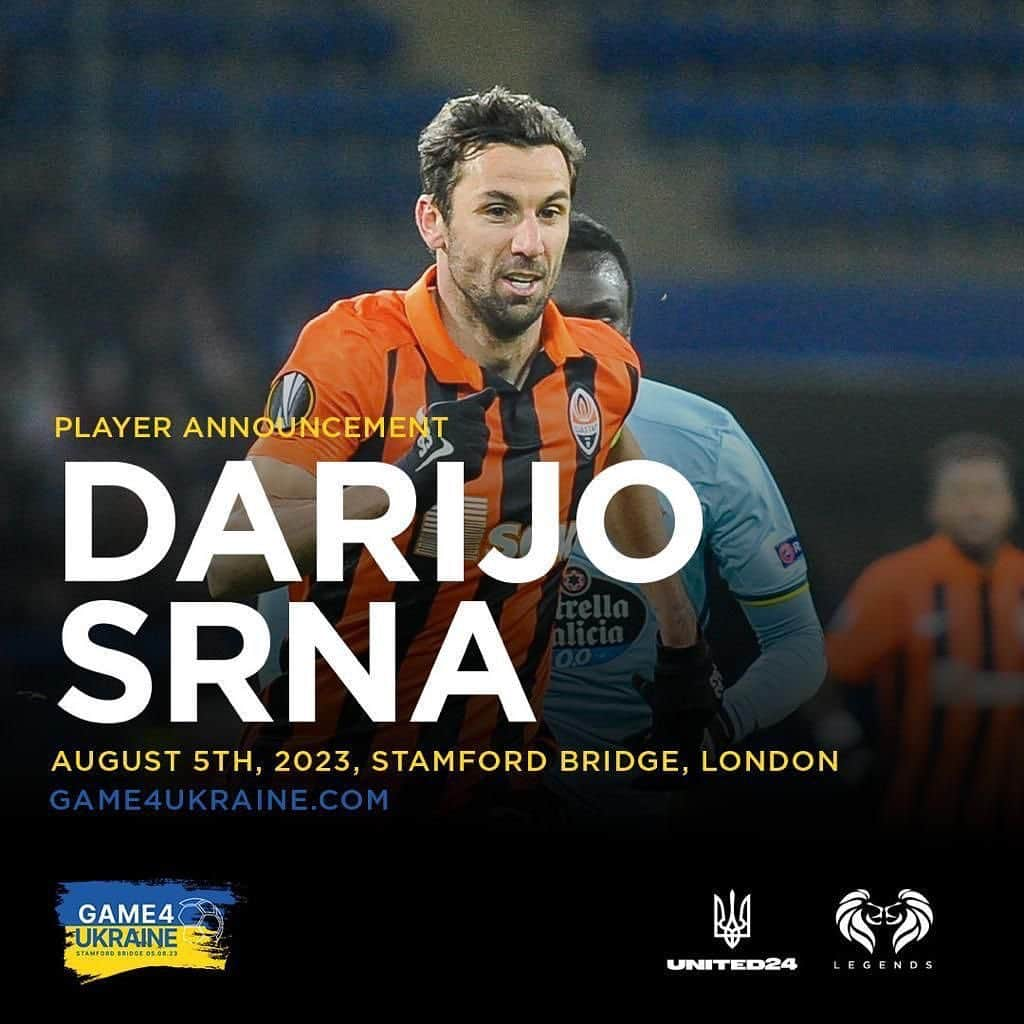 ダリヨ・スルナのインスタグラム：「Honored and proud to take part at the humanitarian football game for support of Ukraine that will take place at the Stamford Bridge stadium, London on the 5th of August! Please come and support us! #game4ukraine #united24 💪🏻🇺🇦🇬🇧」