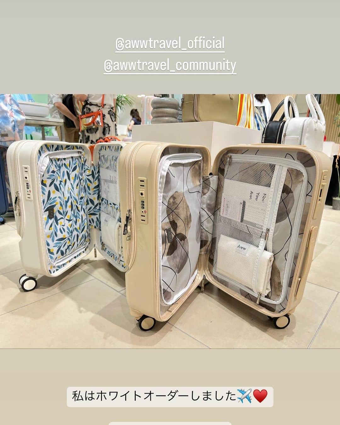 照井和希さんのインスタグラム写真 - (照井和希Instagram)「Aww Travel  POPUPが  期間限定で 7月19日から26日まで 大阪阪急うめだ本館4階にて開催中との事で 大阪初日に行ってきました〜！！🌺✈  発売直後から大人気の 立てたまま荷物の出し入れができる フロントオープンタイプのスーツケースや🧳  サステナブルレザーを使ったアイテムなど… 新作商品を直接見れるチャンスですので ぜひこの機会に行ってみて下さい✈️✨  ホワイトのキャリーが 可愛すぎて即決オーダー🤭笑 持つだけでモチベ上がる♥️  @awwtravel_official @awwtravel_community  #findyouraww #mygreenerchoice #aww_travel_popup」7月20日 21時01分 - kazu24ki