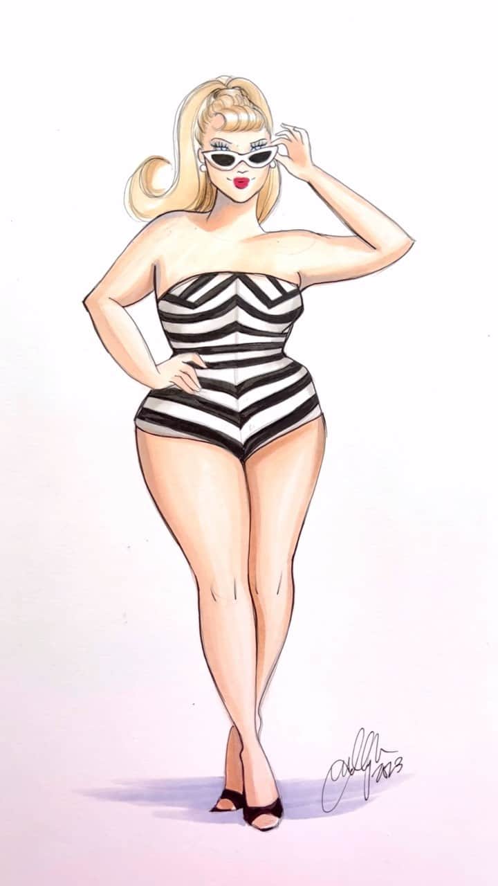 Holly Nicholsのインスタグラム：「Retro Beach Day 🖤😎 #fashionillustration #asmr #copicmarkers #barbie #barbiecore #vintagefashion」