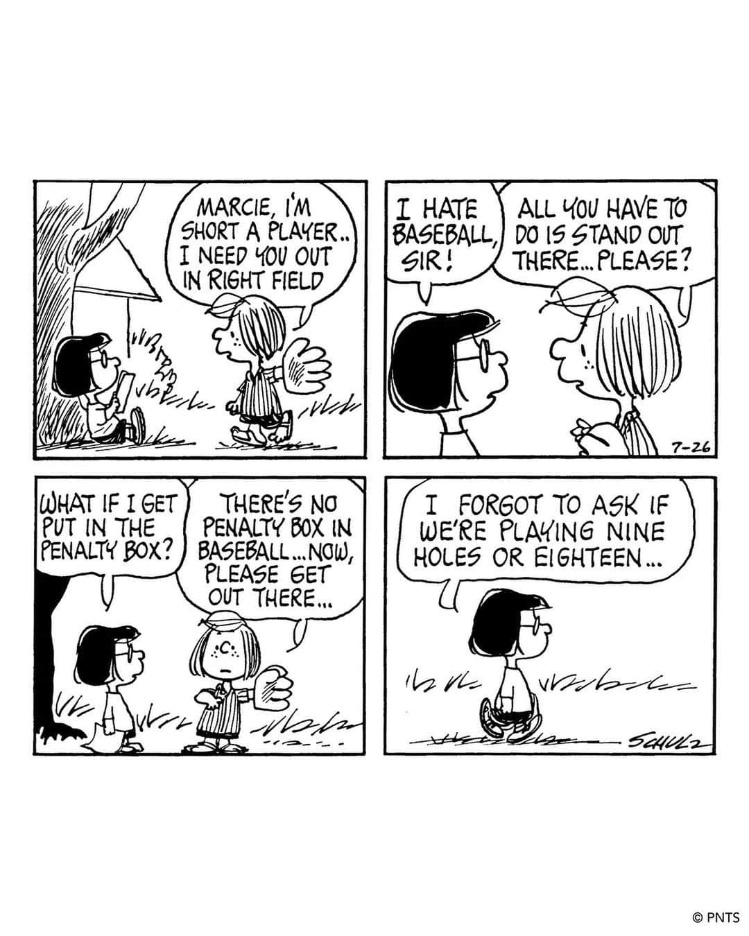 スヌーピーさんのインスタグラム写真 - (スヌーピーInstagram)「👓 It’s #MarcieDay! On this day in 1971, Marcie made her Peanuts debut while attending the same summer camp as Peppermint Patty, and the unlikely pair soon become best friends!⁠ ⁠ Marcie enjoys school, nature hikes, and the occasional Tiny Tots concert. Though she can’t tell the difference between a basketball and a cantaloupe, she happily cheers on her friends at the football game.⁠ ⁠ She is known for her particular names for her friends; she calls Charlie Brown “Charles” and her best friend, Peppermint Patty, “Sir.”⁠ ⁠ "I believe she called her 'sir' out of misguided respect," Charles Schulz said. "I like the relationship of the two girls have. There is a real friendship there. They are different people, but they are both sincere little girls. Peppermint Patty goes through life with blinders on. Marcie seems to have a better idea of what is going on around her...I enjoy drawing them. Peppermint Patty and Marcie are as much fun to draw as Snoopy is."⁠ ⁠ This Peanuts comic strip was first published on July 26, 1973.⁠」7月21日 7時53分 - snoopygrams