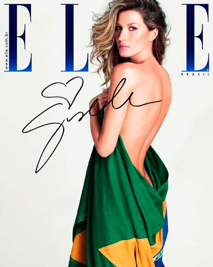 ELLE Brasilのインスタグラム：「Hoje é o dia dela: Gisele Bündchen! A top completa 43 anos de idade neste 20.7 e a ELLE Brasil aproveita para relembrar essa capa icônica de julho de 2014, quando a modelo se vestiu com a nossa bandeira para a Copa do Mundo em nosso país. Parabéns, @gisele!」