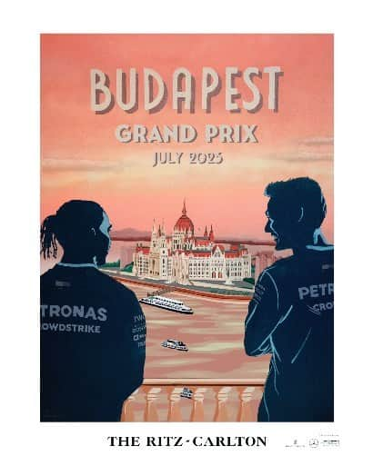 リッツ・カールトンのインスタグラム：「Welcome to Budapest, @lewishamilton and @georgerussell63. A Danube view begins our Hungarian Grand Prix with @mercedesamgf1 and @ritzcarltonbudapest, captured in a travel poster by @louisnicolasdarbon.」