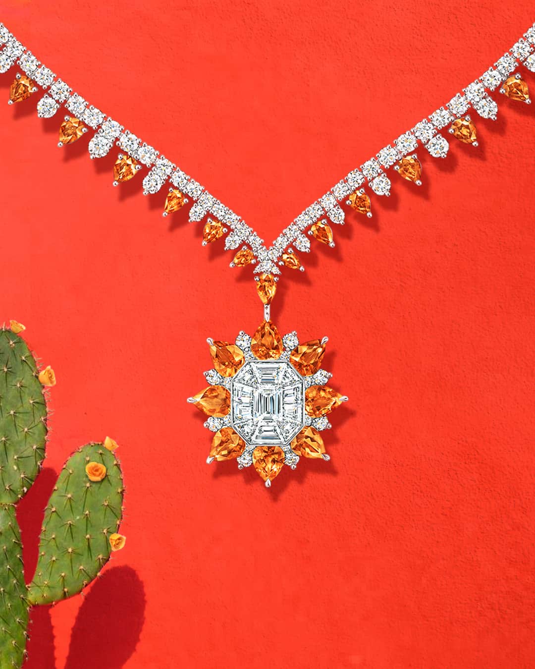 ハリー・ウィンストンのインスタグラム：「With their fiery orange hue, 27 pear-shaped spessartites recall the breathtaking colors of a desert sunset in this modern 718 Marble Marquetry necklace. Tap the link in bio to embrace the bold colors of summer with bejeweled accents. #HarryWinston #WinstonHighJewelry」
