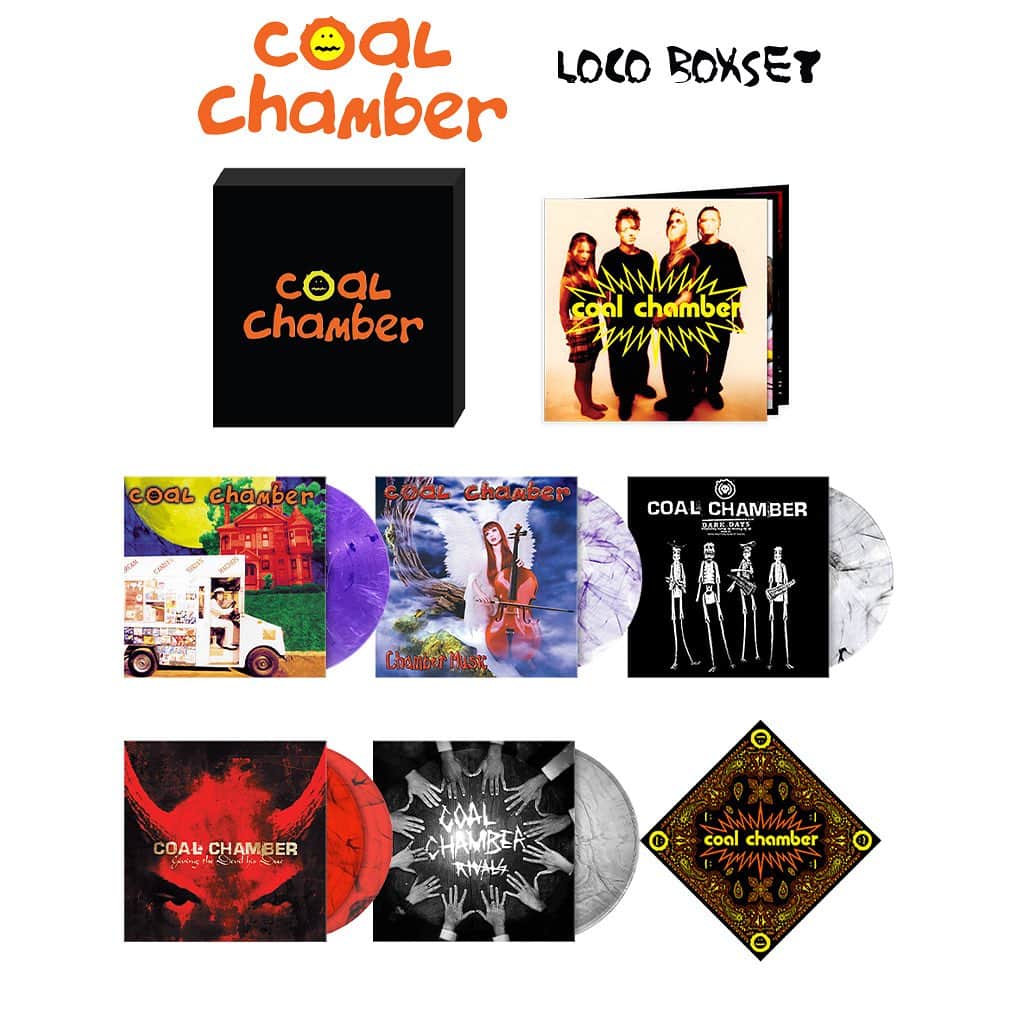 Revolverのインスタグラム：「⚡ Get loco with the new COAL CHAMBER vinyl boxset!  🦇 6 LPs including classic albums on vinyl for the first time 🦇 Exclusive bandana 🦇 12-page booklet with rare photos and new liner notes with the band 🦇 Numbered collector's slipcase  Only 500 made — order yours now! 🔗 Link in bio.」