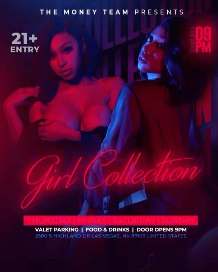 フロイド・メイウェザー・ジュニアのインスタグラム：「GIRL COLLECTION IS THE PLACE TO BE IN VEGAS ALL WEEKEND LONG  DOOR OPENS @ 9:00pm   •THURSDAY •FRIDAY •SATURDAY •SUNDAY  Must be 21 To Enter.  Ladies are welcome with or without male companion.  Come party at the best most luxurious venue in Las Vegas “Girl Collection”  GIRL COLLECTION 2580 S Highland Dr Las Vegas, NV 89109 1 -(844) 447-5758  #GirlCollection  @girl.collection_lv」