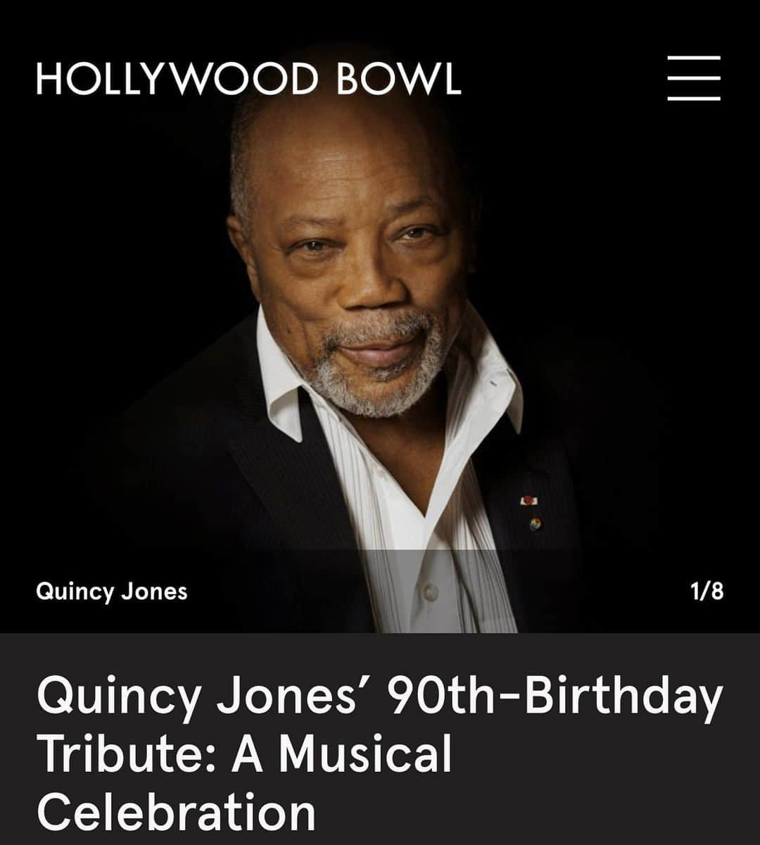 クインシー・ジョーンズのインスタグラム：「We’ve got exactly ONE week until these cats bring the house down at the @hollywoodbowl! I’m talkin’ about P.Y.T, Thriller, You Don't Own Me, Soul Bossa Nova, Fly Me To The Moon, you name it! Thank-Q for ALL the love & birthday celebrations…Hope y’awl can make it! Ticket link in bio 👆🏾」